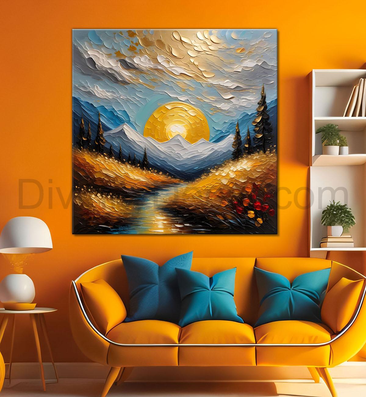 Mountians and lake with sunrise background painting Canvas Painting 24X24 - Nature Art -S-17