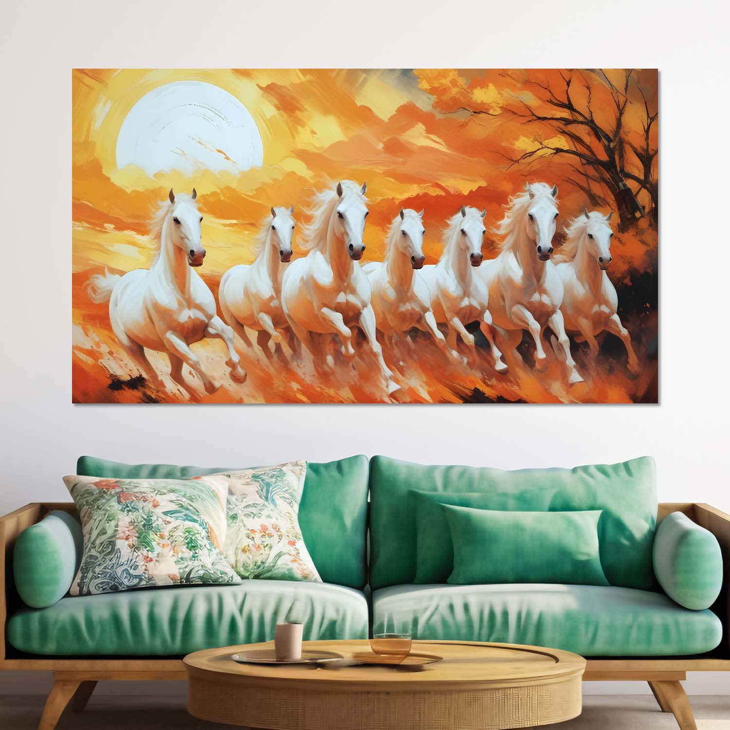 White running horses with tree and sun in yellow textured background art Canvas Painting - Design - Horse-17