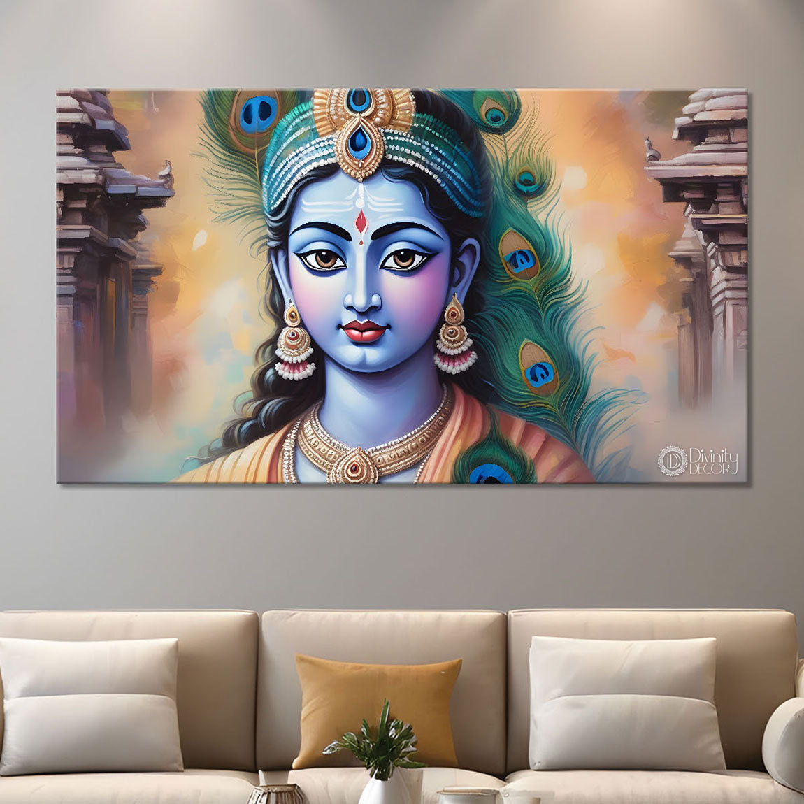 Blue face Krishna with peacock feathers painting Canvas Painting - Design - Krishna-17
