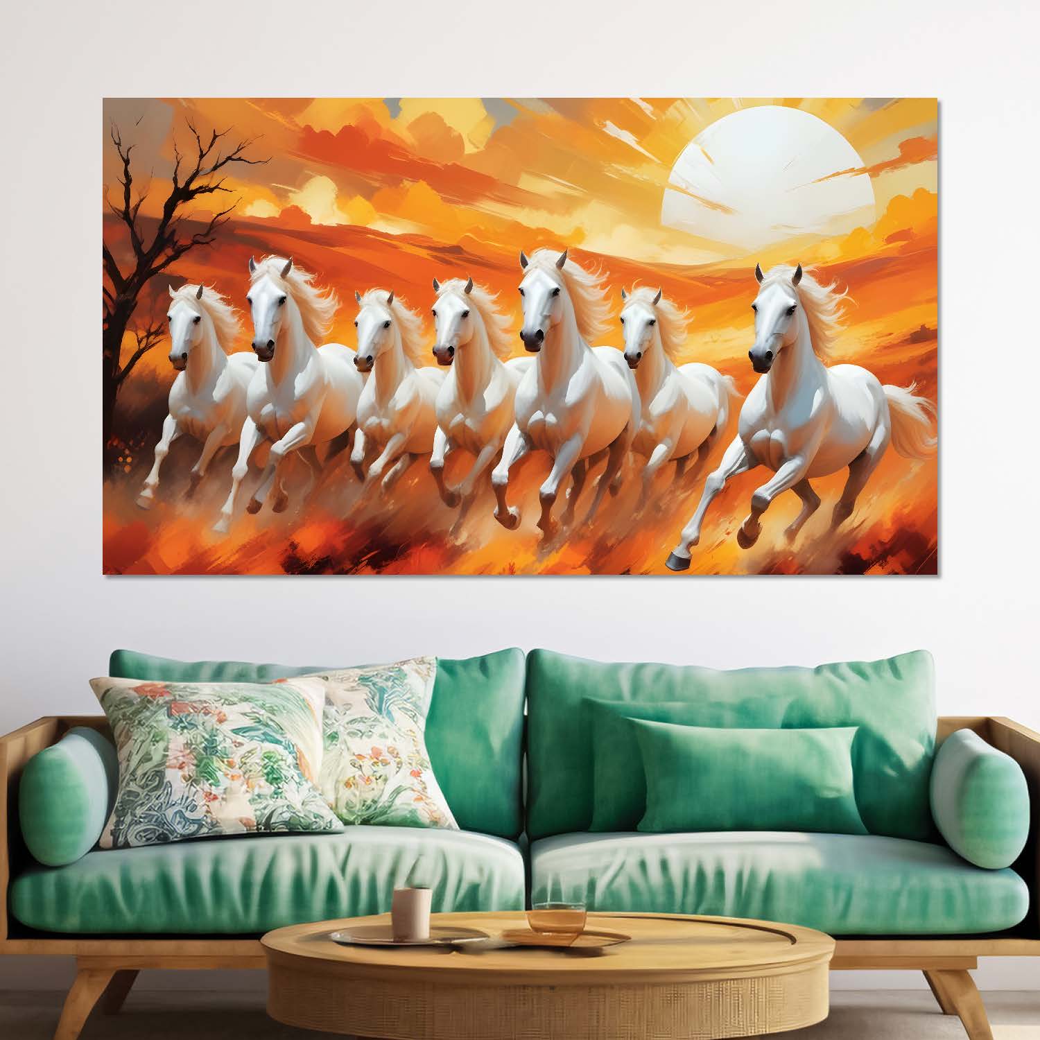 White running horses with tree and sun in yellow textured background art Canvas Painting - Design - Horse-18