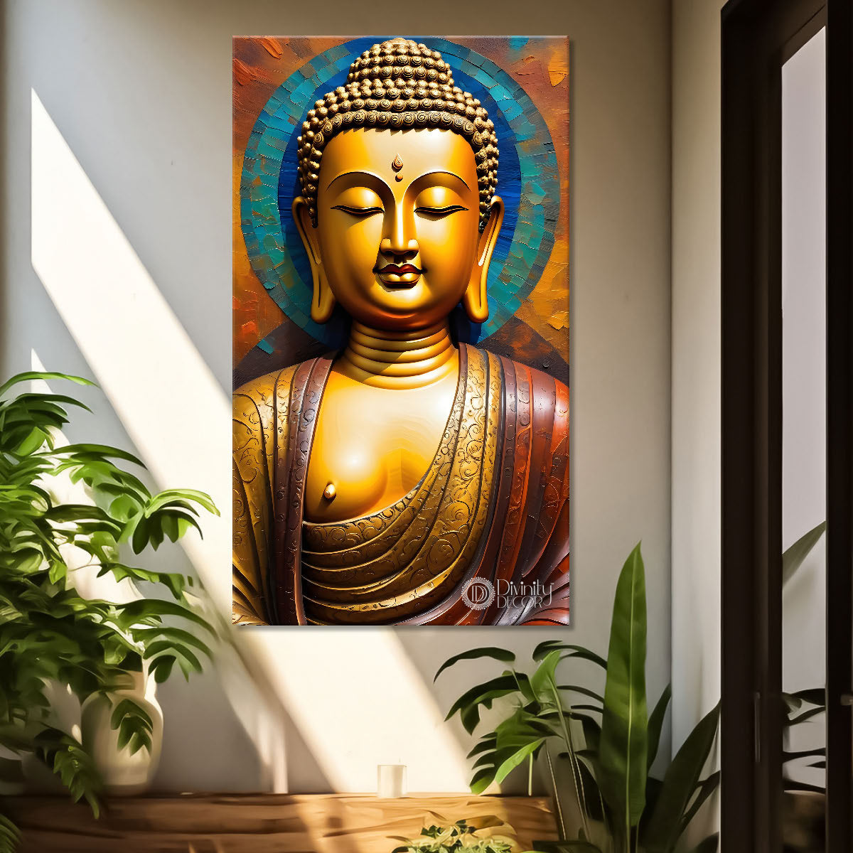 Golden buddha with colourful background textured painting - Buddha-V-18