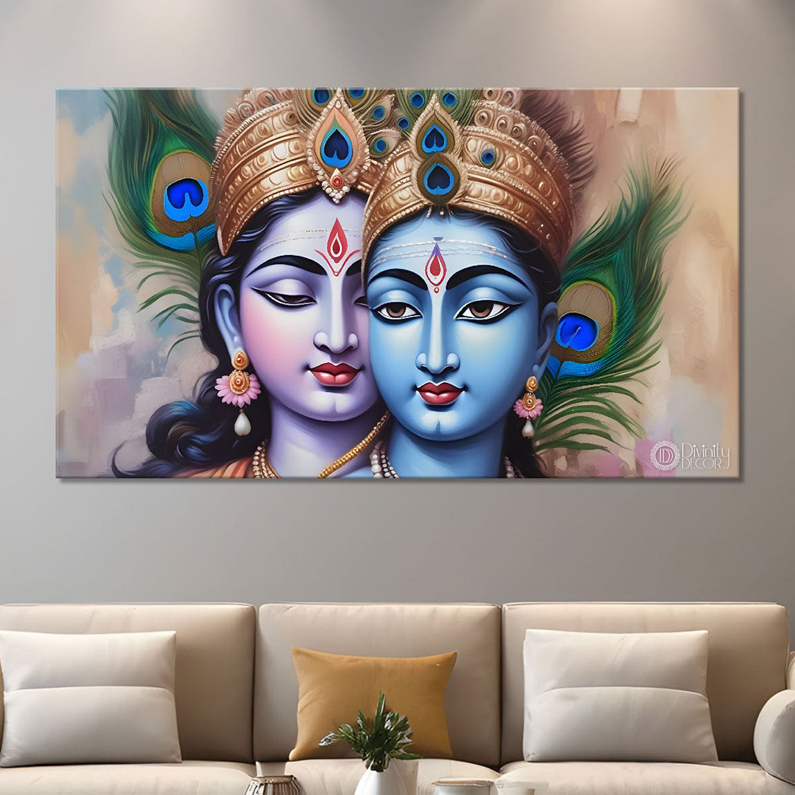 Blue face Krishna and Radha with peacock feather painting Canvas Painting - Design - Krishna-18
