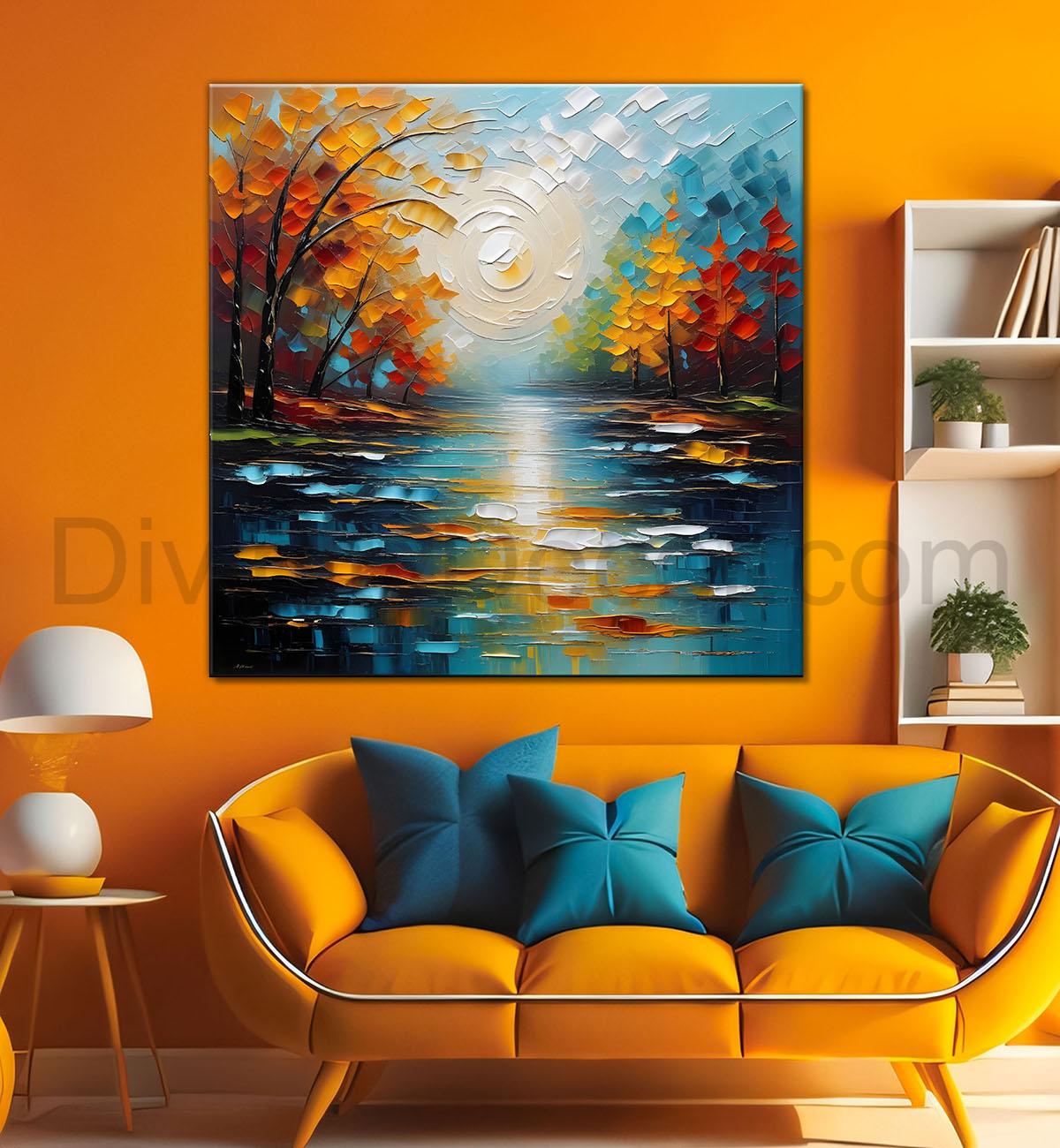 Red-orange tree with colourful lake natural art Canvas Painting 24X24- Nature Art -S-18