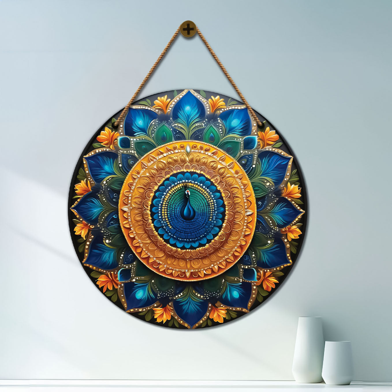 Peacock in blue and golden mandala Round Wooden Wall Hanging for wall Décor - Design - 18