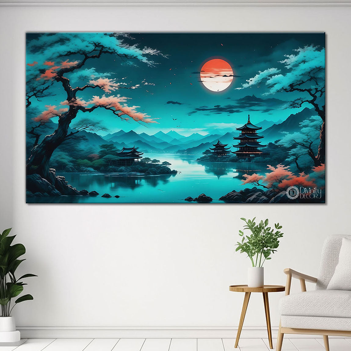 Trees with mountains and lake in aqua green background textured painting Canvas Painting - Nature Art -18