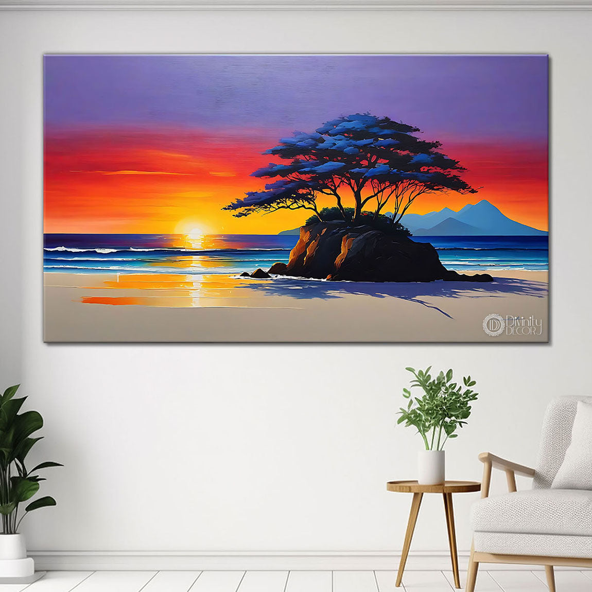 Beach with sunrise and trees in textured painting Canvas Painting - Nature Art -19