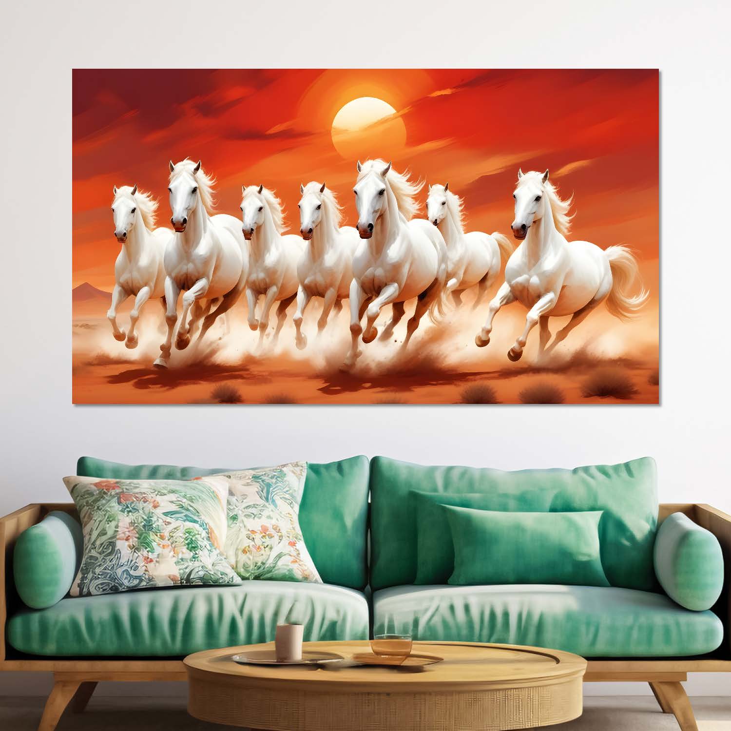 White running horses with sun in red textured background art Canvas Painting - Design - Horse-19