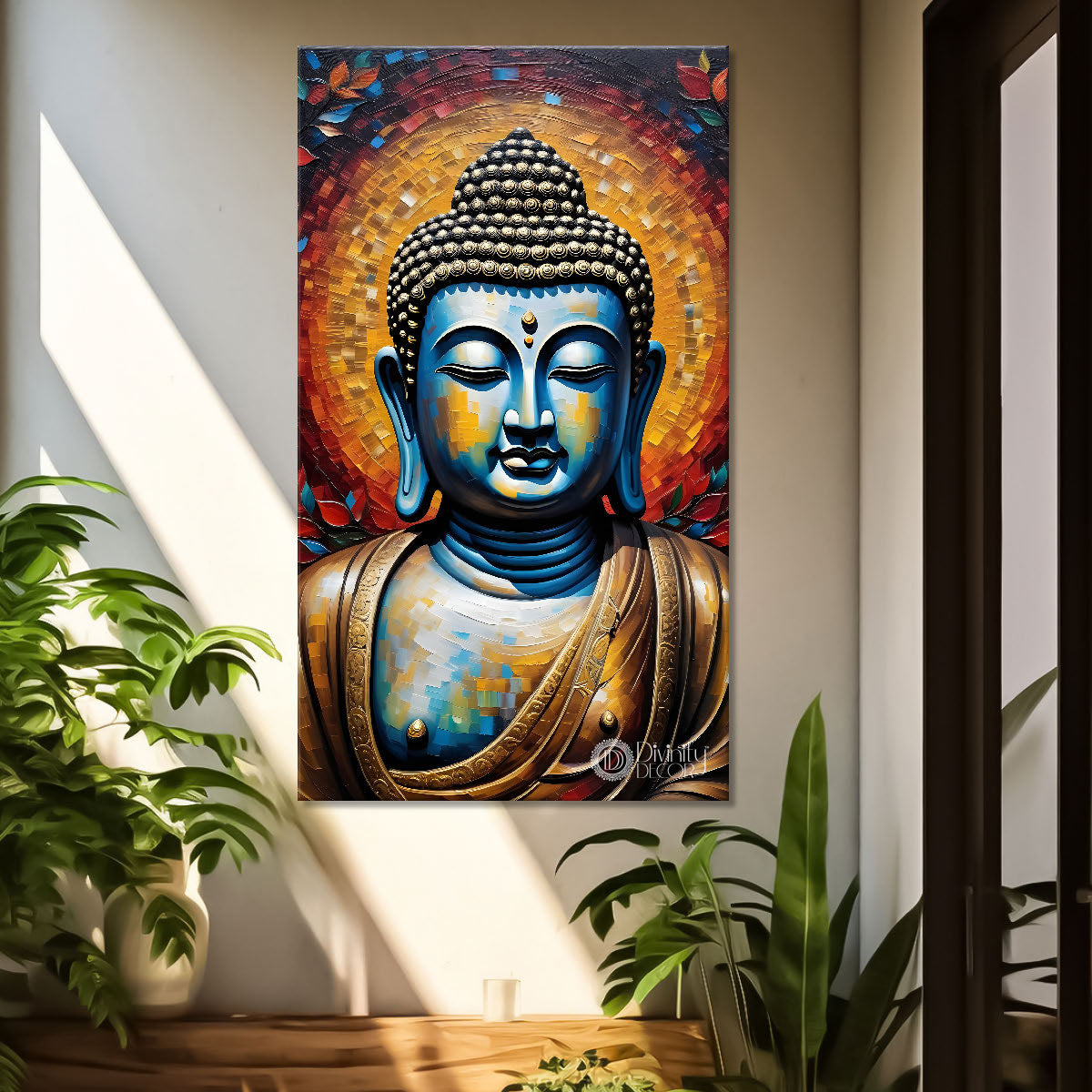 Golden buddha with colourful background textured painting - Buddha-V-19
