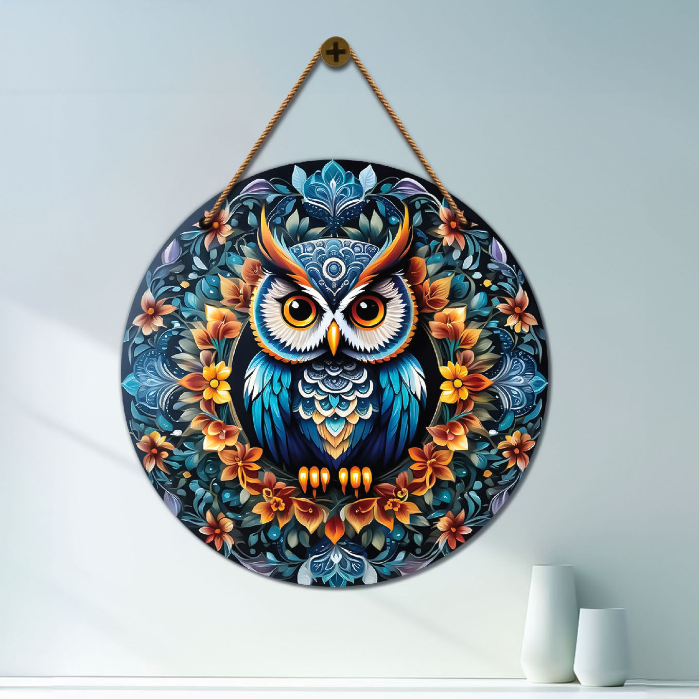 Owl in blue and golden mandala Round Wooden Wall Hanging for wall Décor - Design - 19