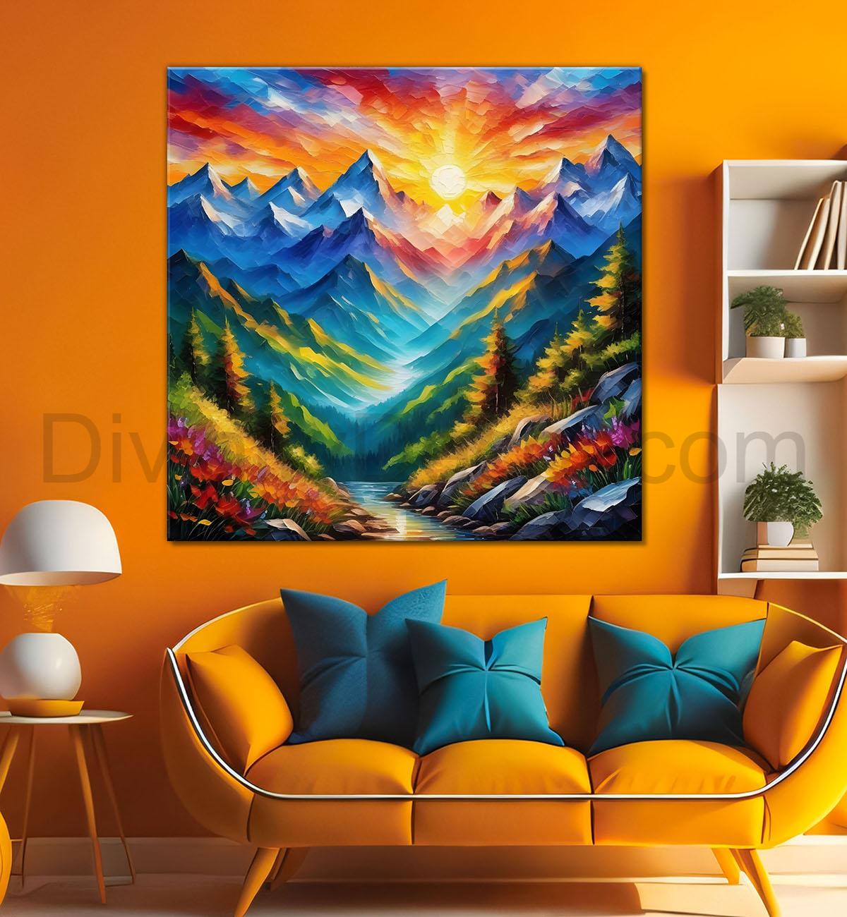 Mountains with greenery in sunrise textured painting Canvas Painting 24X24- Nature Art -S-19
