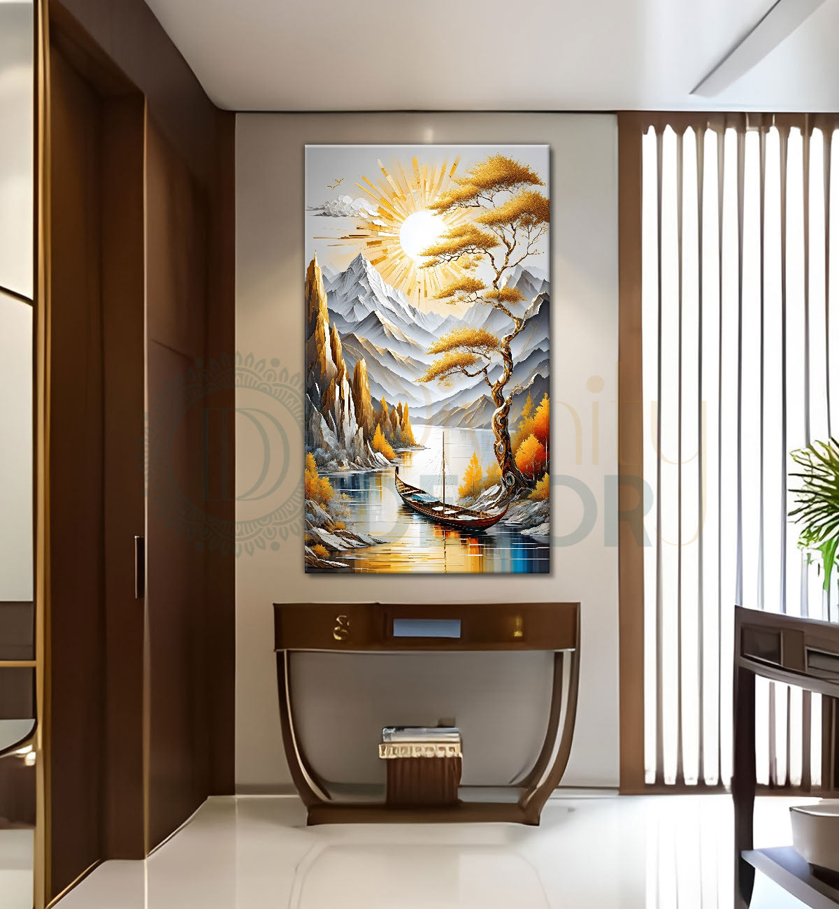 White mountains with golden trees and lake textured natural art Canvas Painting - Nature Art -V-19