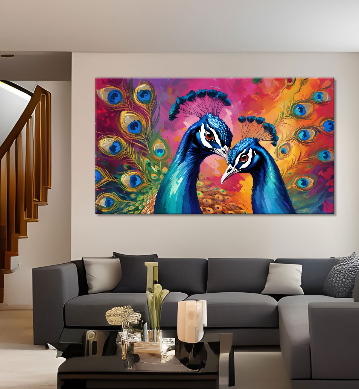 Two beautiful peacocks with colourful background Canvas Painting - Design - Peacock-1