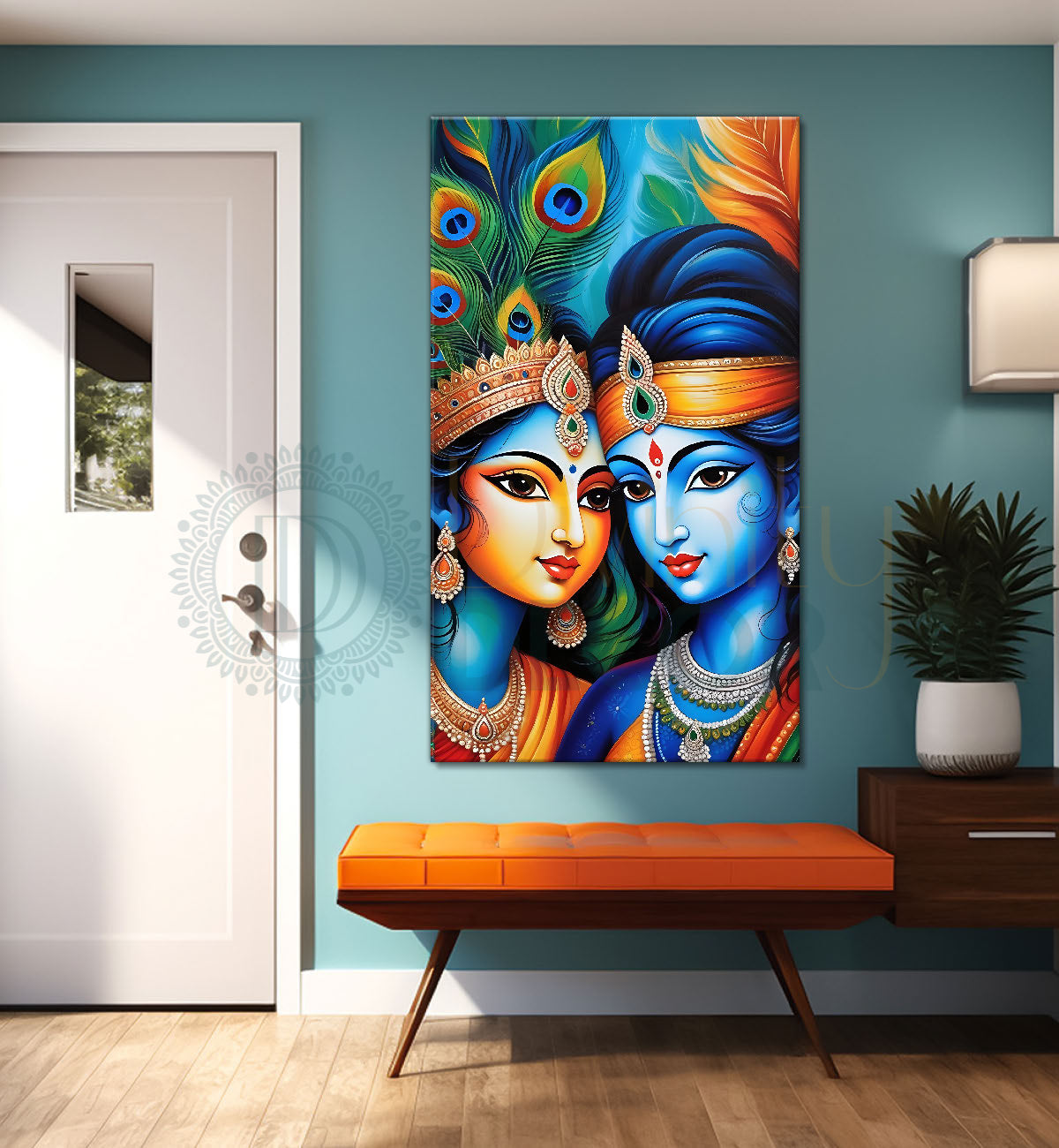 Blue face of krishna with radha in orange background textured art  Canvas Painting - Design - Krishna-V-1