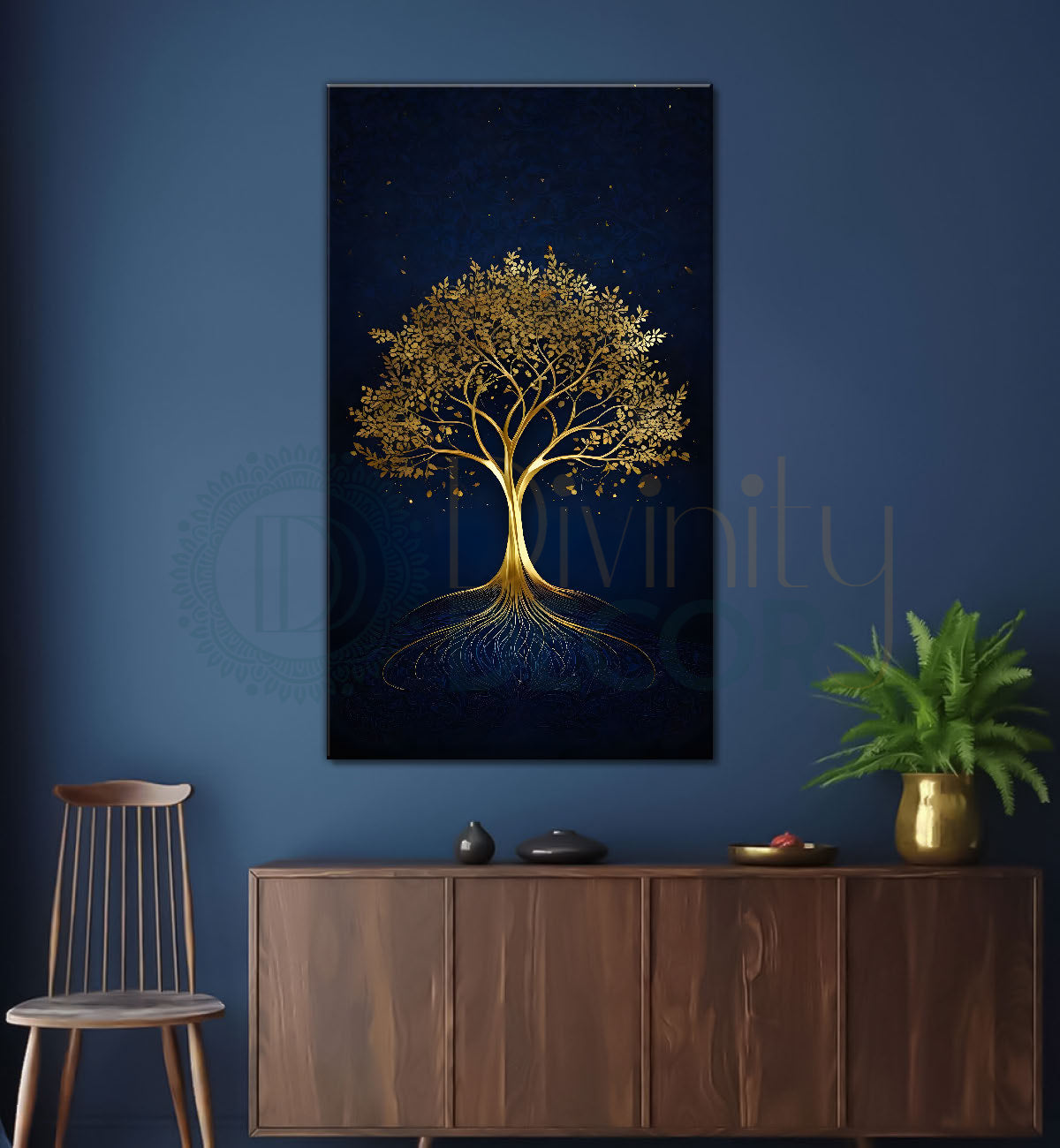Golden tree in dark blue texutred background modern art Canvas painting - Tree-V-1