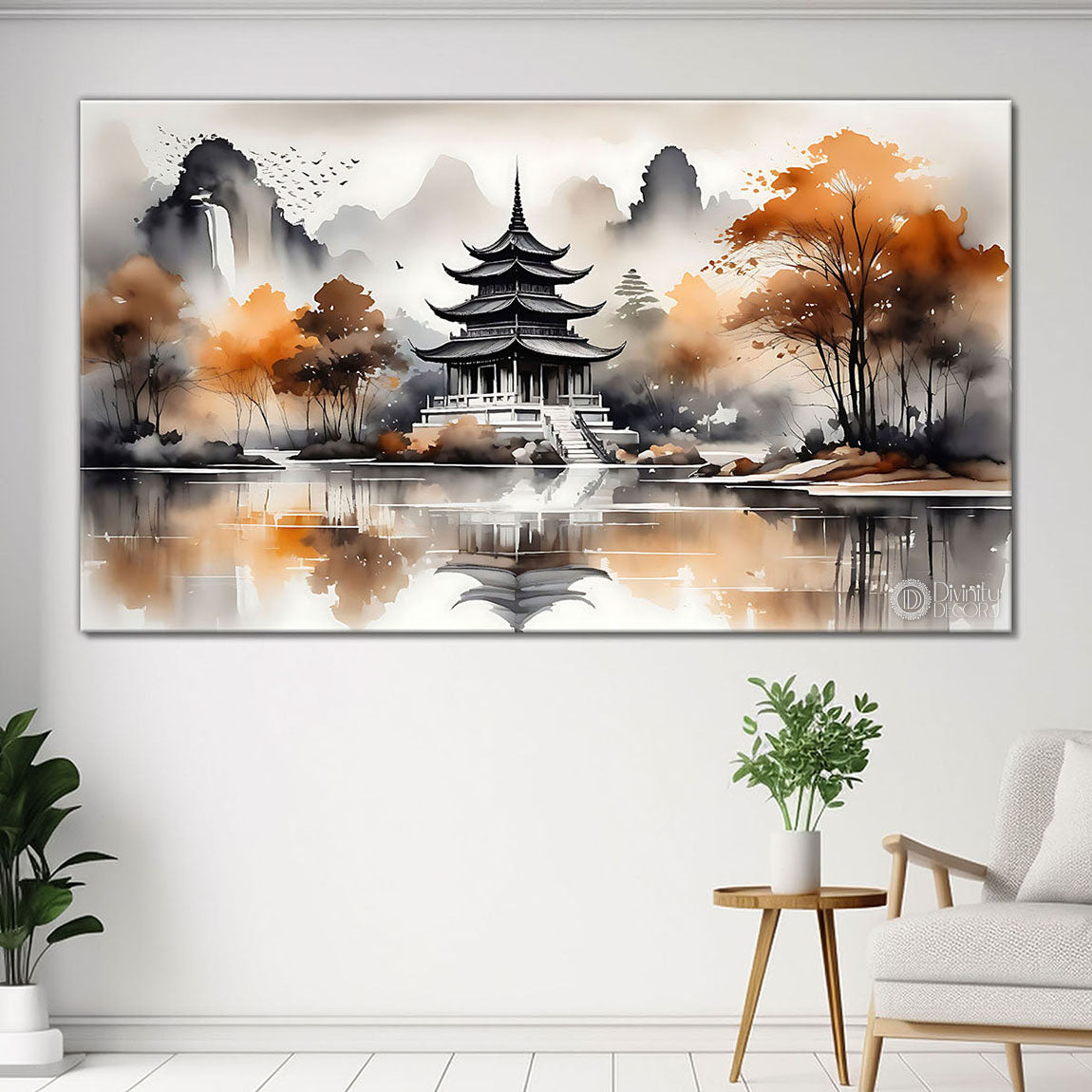 Golden trees and temple with grey and white detailing natural art Canvas Painting - Nature Art -20