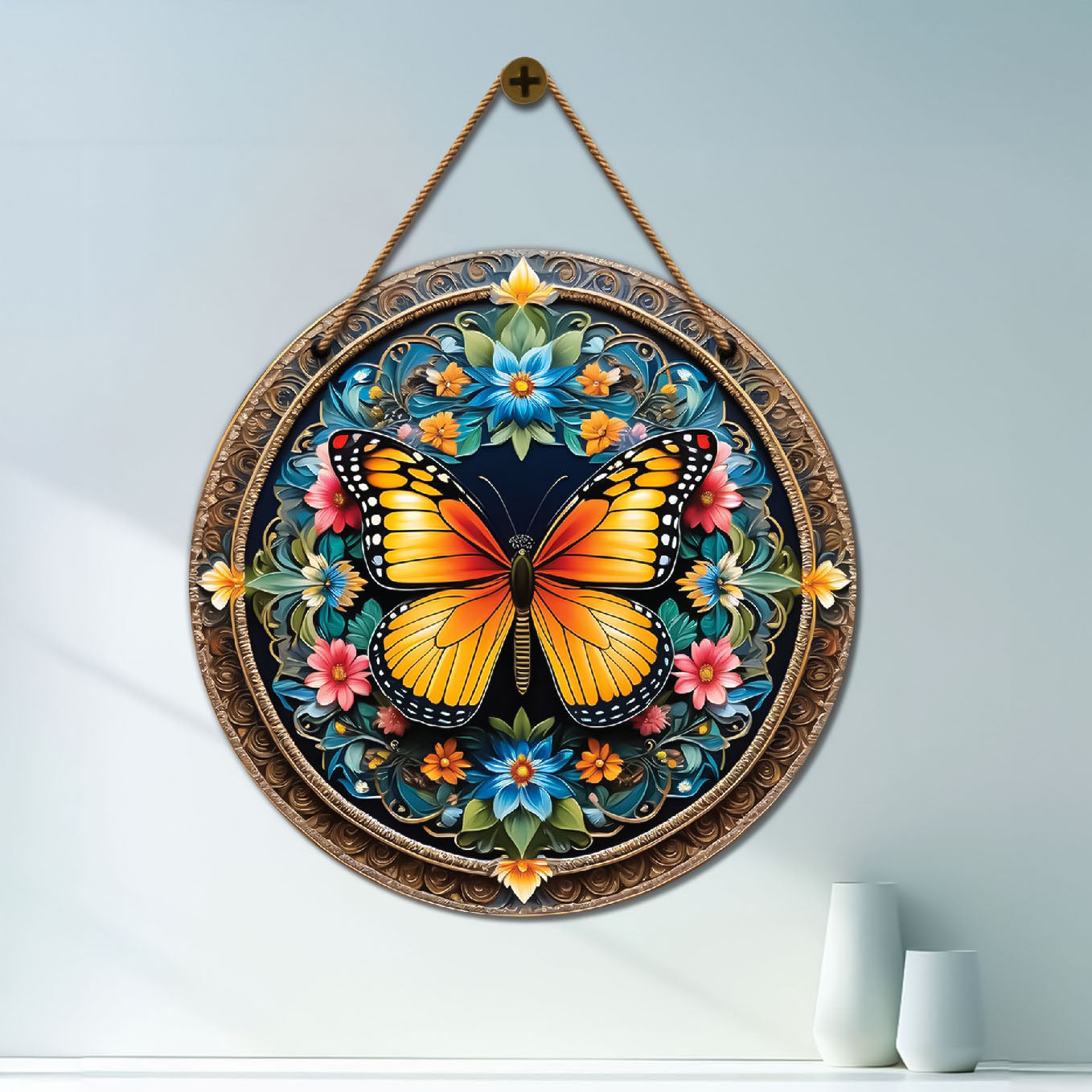 Yellow butterfly in golden and floral mandala Round Wooden Wall Hanging for wall Décor - Design - 20
