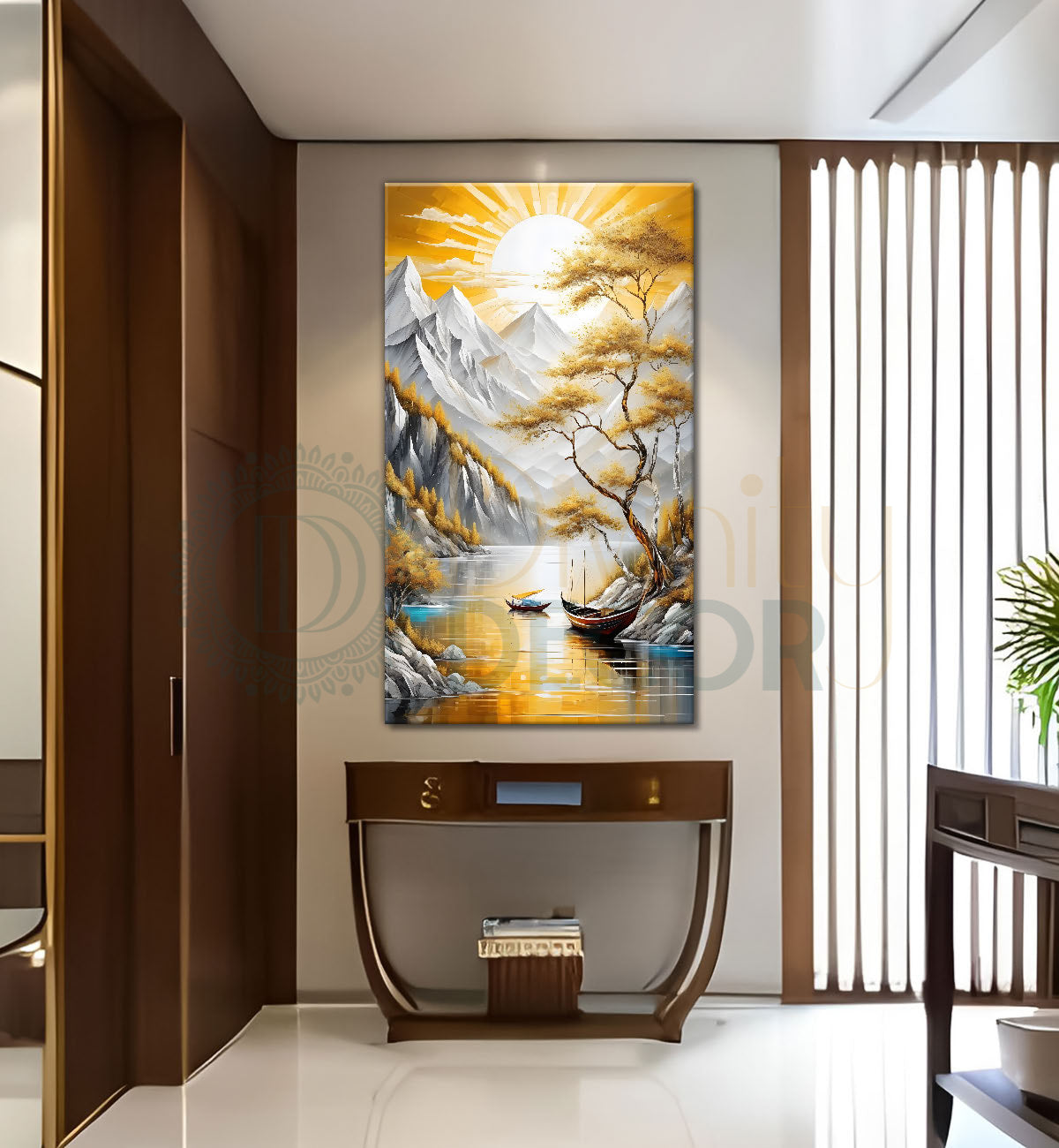 White mountains with golden trees and lake textured natural art Canvas Painting - Nature Art -V-20