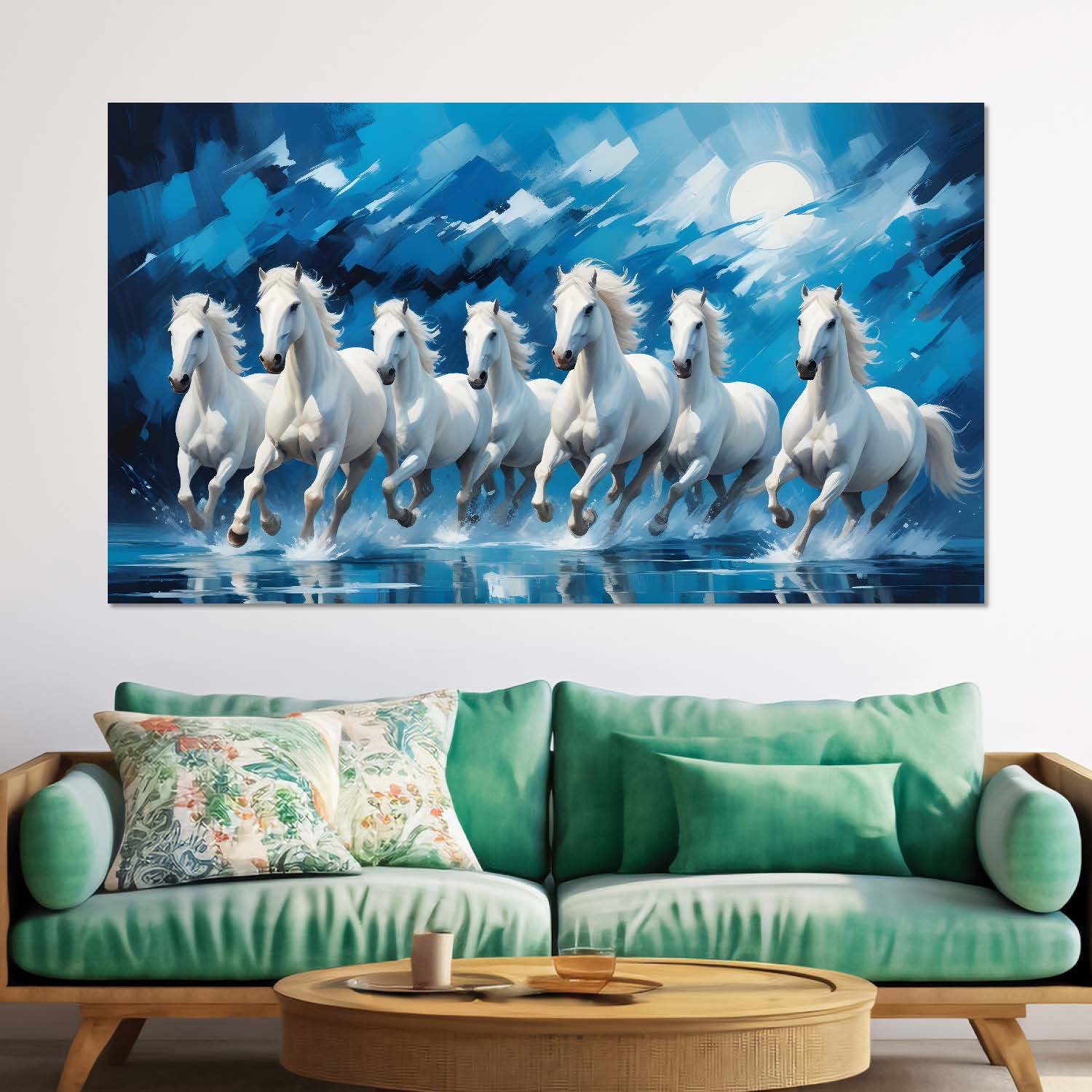 White running horses with moon in blue textured background art Canvas Painting - Design - Horse-20