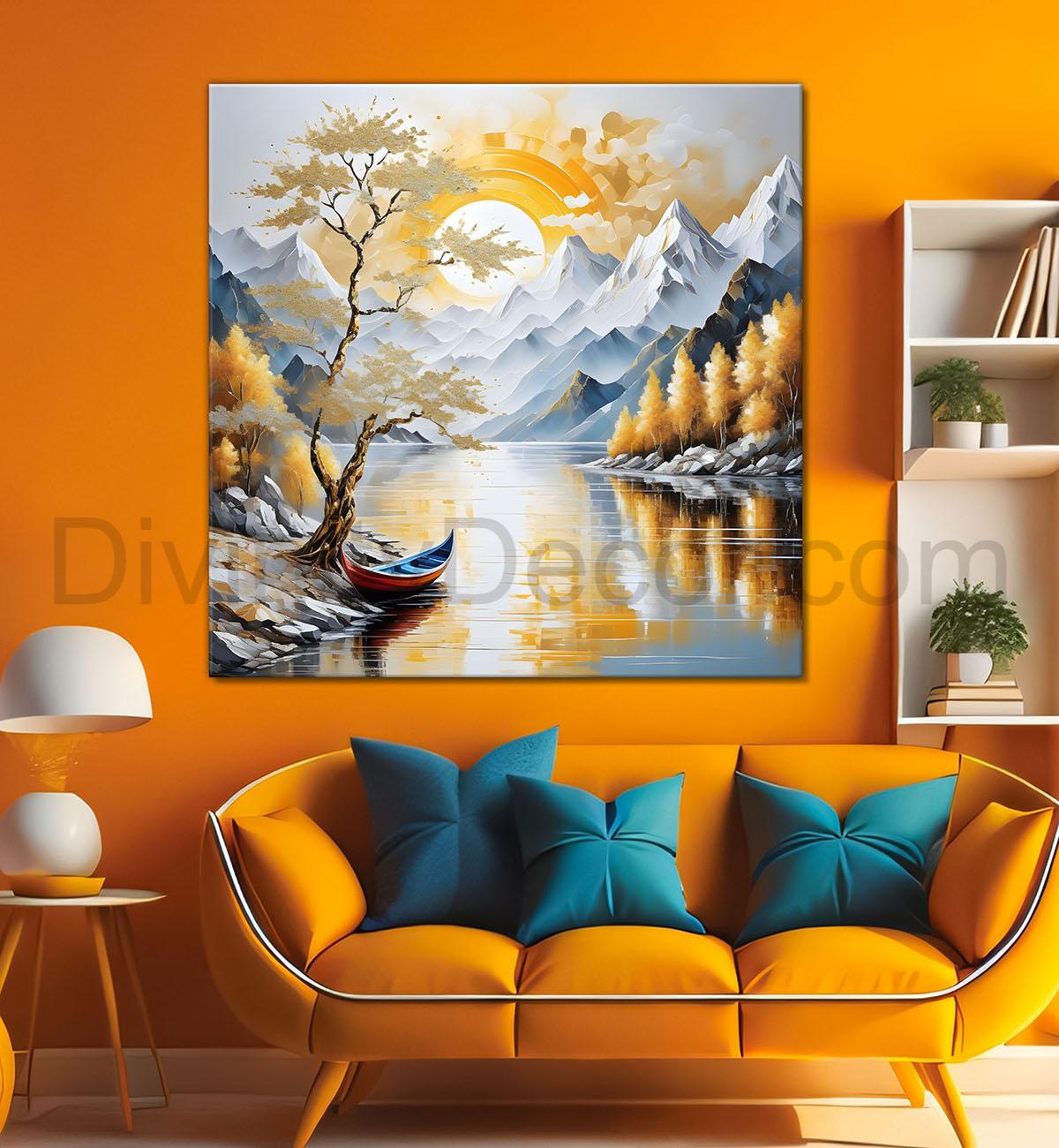 Golden tree with river and mountains in light background painting Canvas Painting 24X24 - Nature Art -S-20