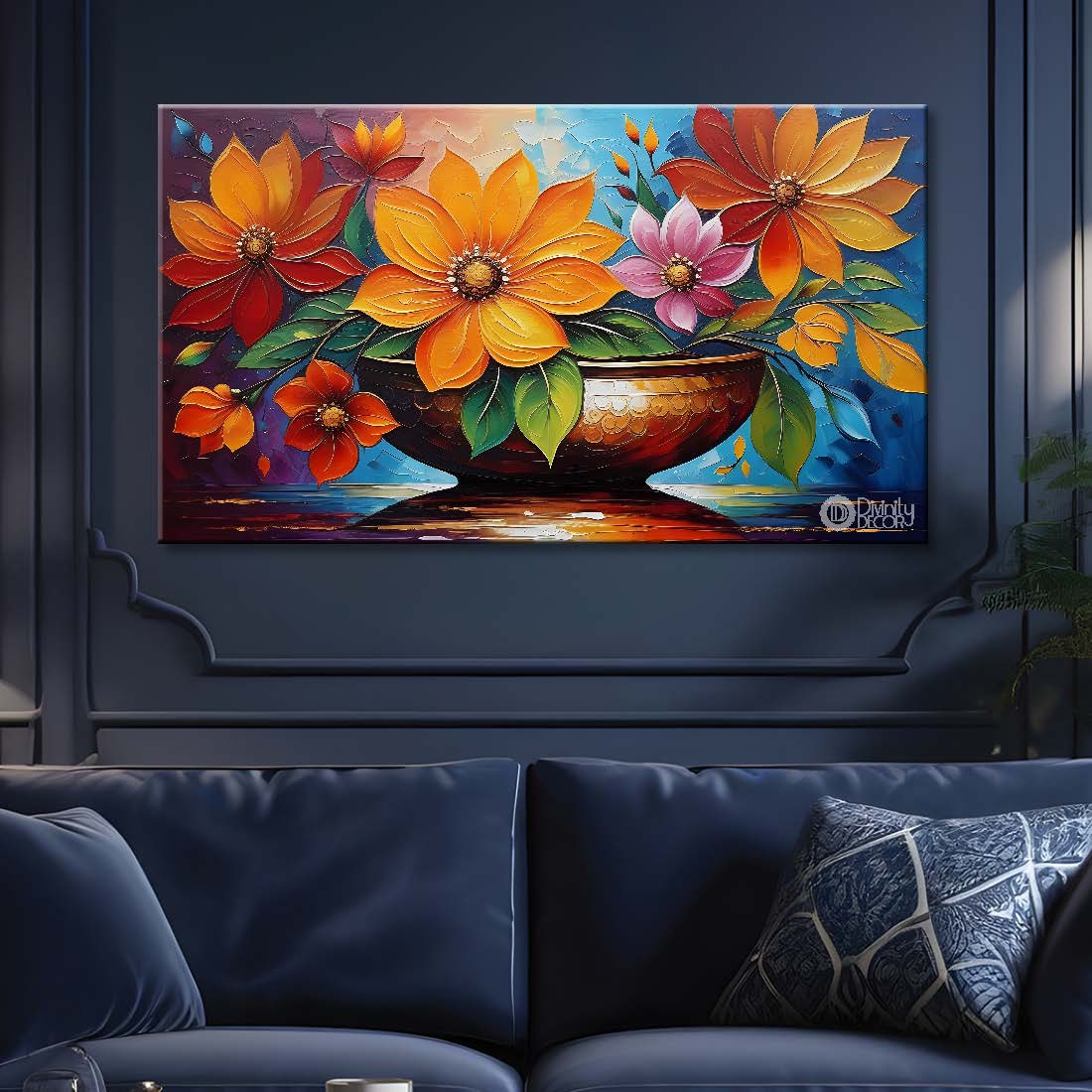 Colorful flowers with blue textured painting - Design - Flower-20