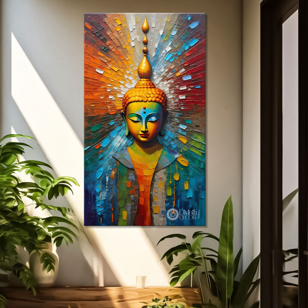 Golden buddha with colourful background textured painting - Buddha-V-20