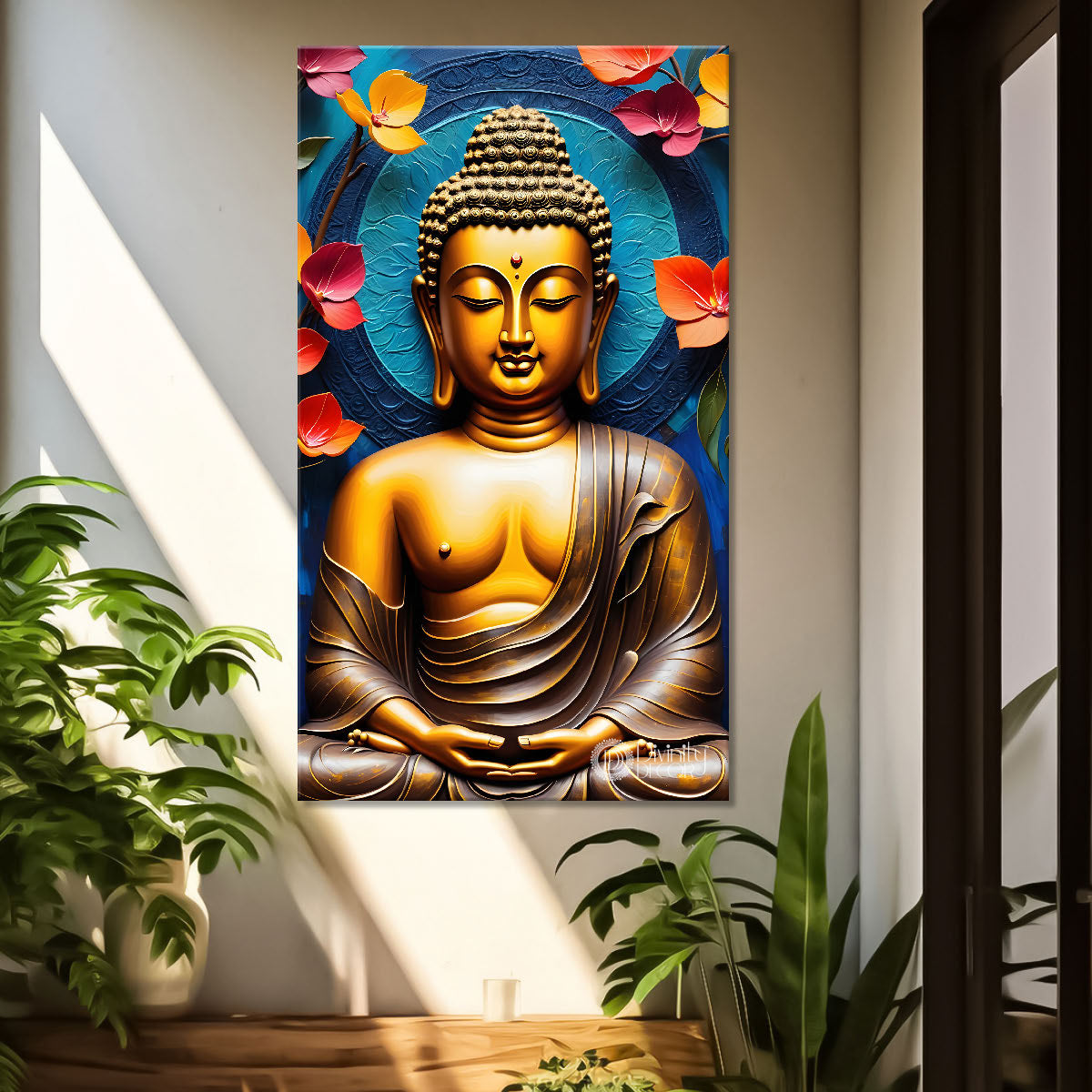 Golden buddha with colourful background textured painting - Buddha-V-21