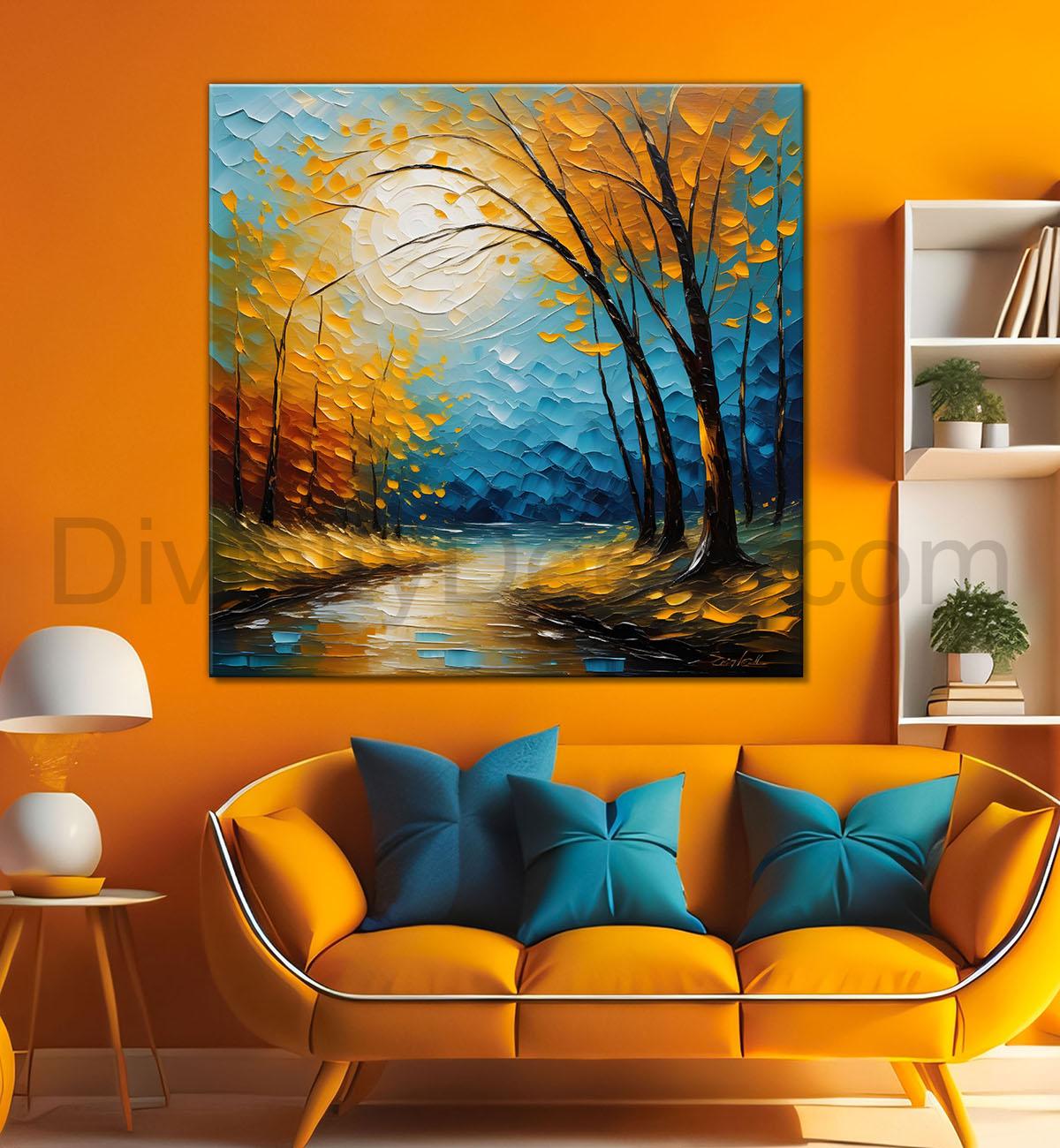 Orange tree with sun in blue textured background Canvas Painting 24X24- Nature Art -S-21