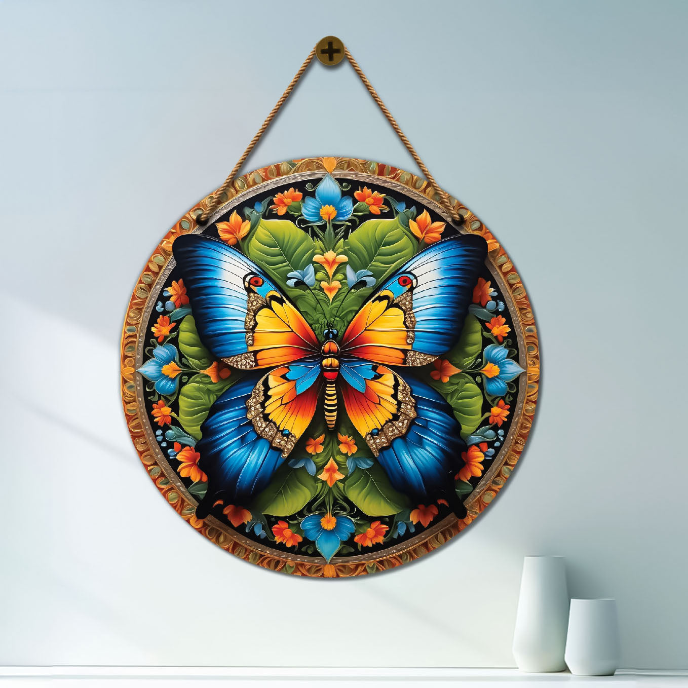 Yellow and blue butterfly in floral mandala Round Wooden Wall Hanging for wall Décor - Design - 21