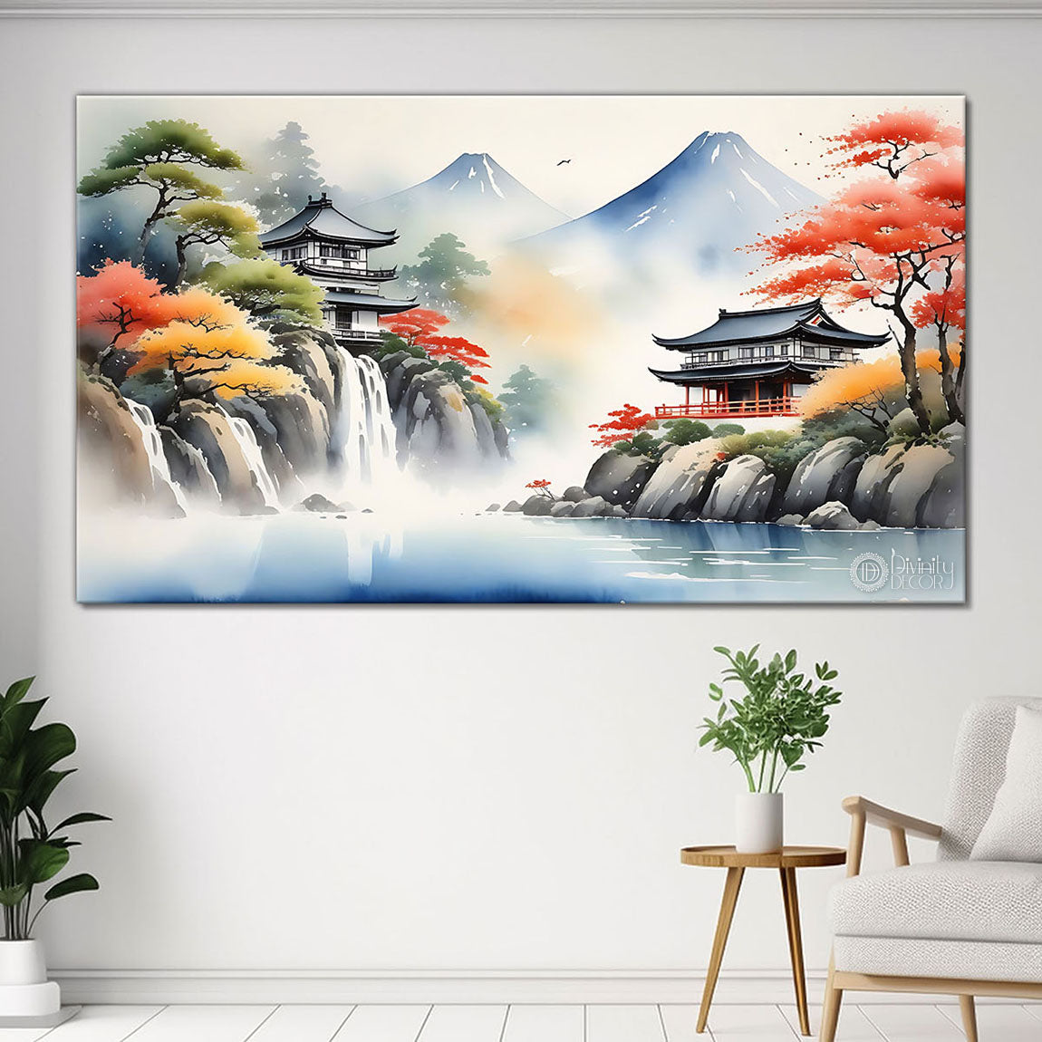 Waterfall with greenery and mountains in textured water color painting Canvas Painting - Nature Art -21