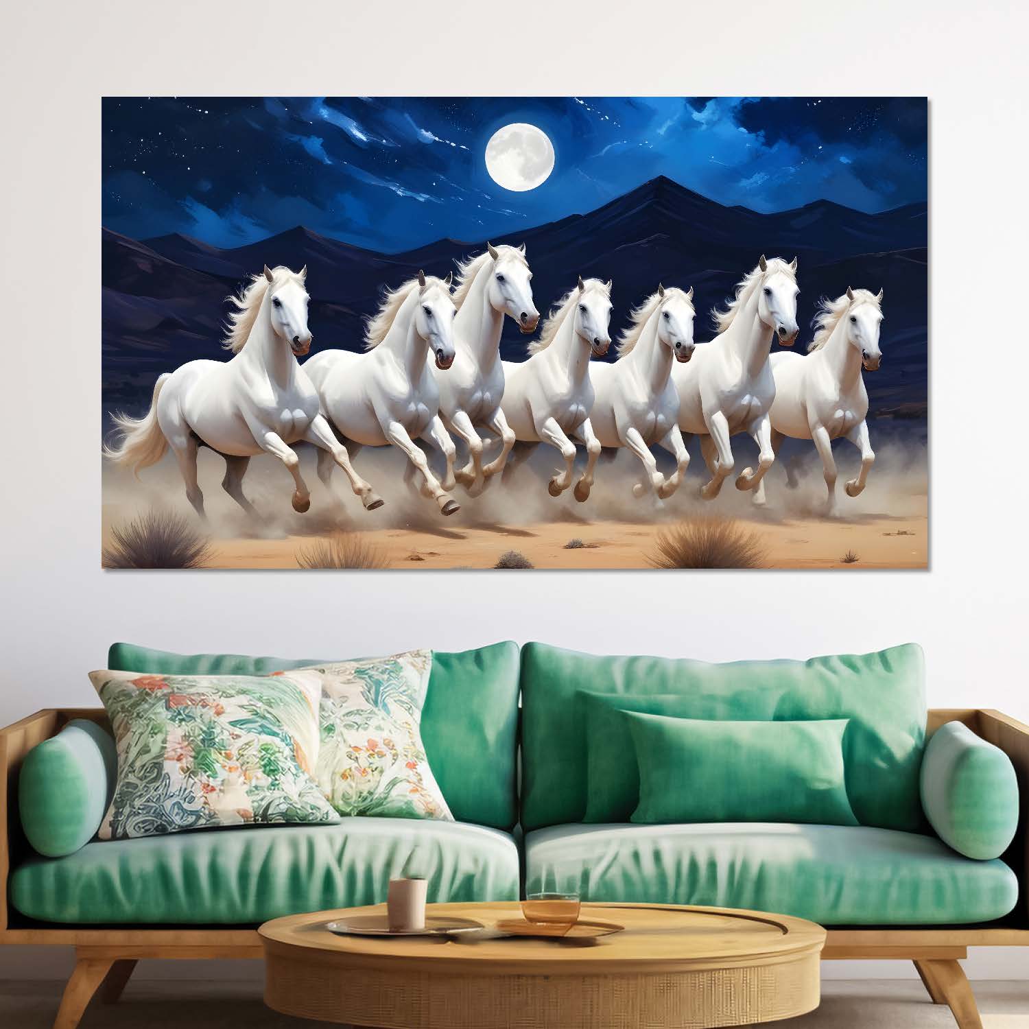 white horses with mountains and moon with blue sky textured background art Canvas Painting - Design - Horse-21
