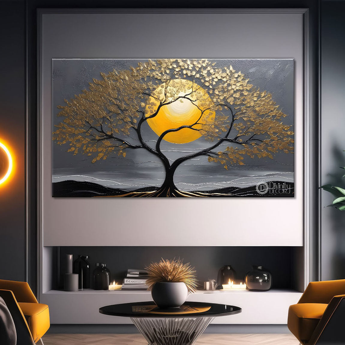 Tree with moon textured oil painting Canvas Painting - Design - Tree-21