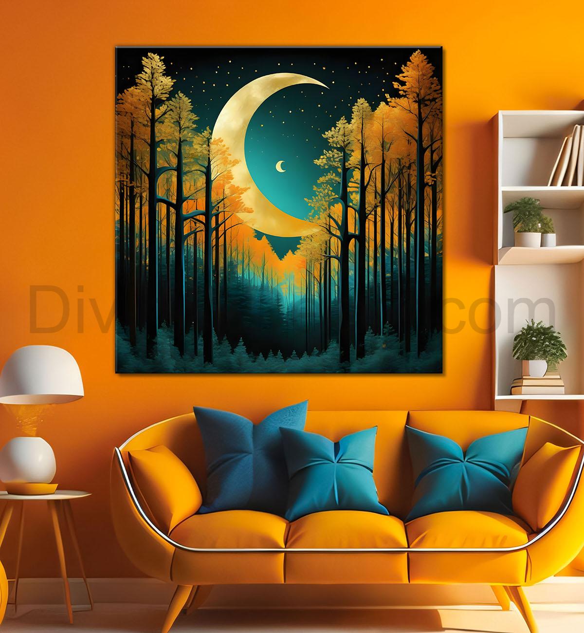Orange tree with moon in dark green background natural art Canvas Painting 24X24- Nature Art -S-22