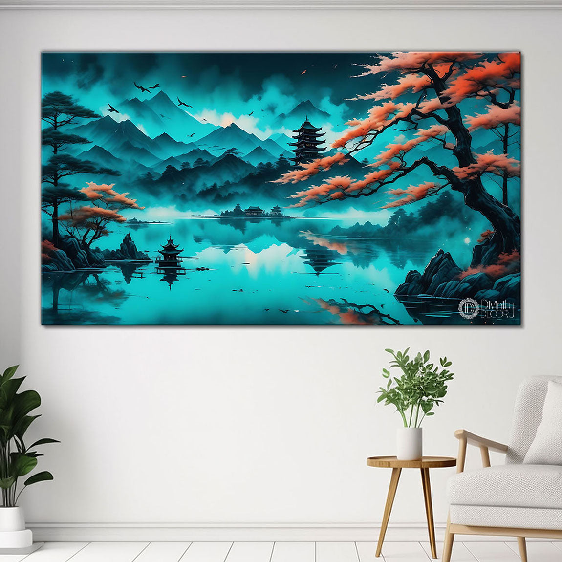 Orange tree with aqua green background textured natural scenery art Canvas Painting - Nature Art -22