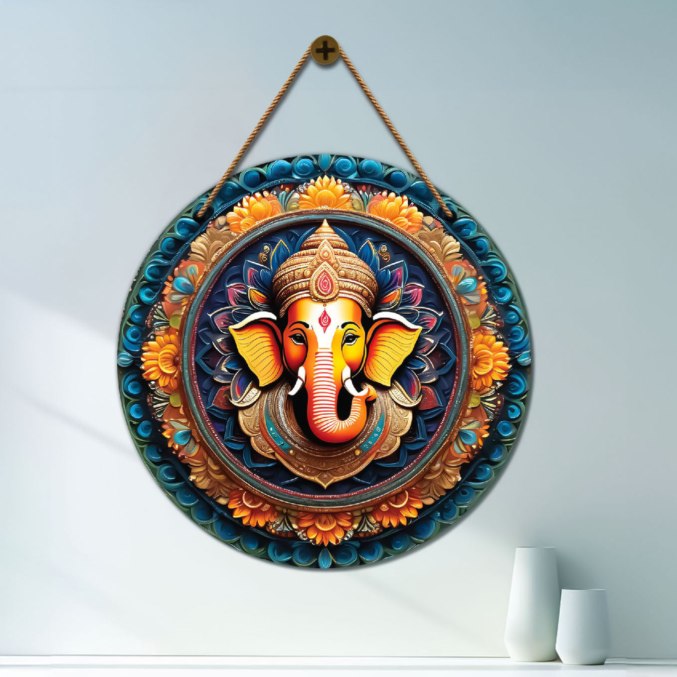 Ganesh Ji in orange and blue mandala Round Wooden Wall Hanging for wall Décor - Design - 22