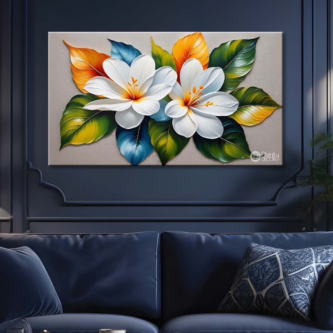 White flowers with green leaves textured painting- Design - Flower-22