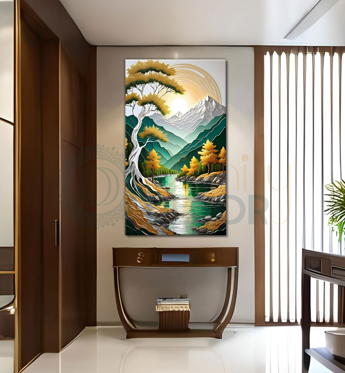 Green mountains with golden treesand white moon textured natural art Canvas Painting - Nature Art -V-22