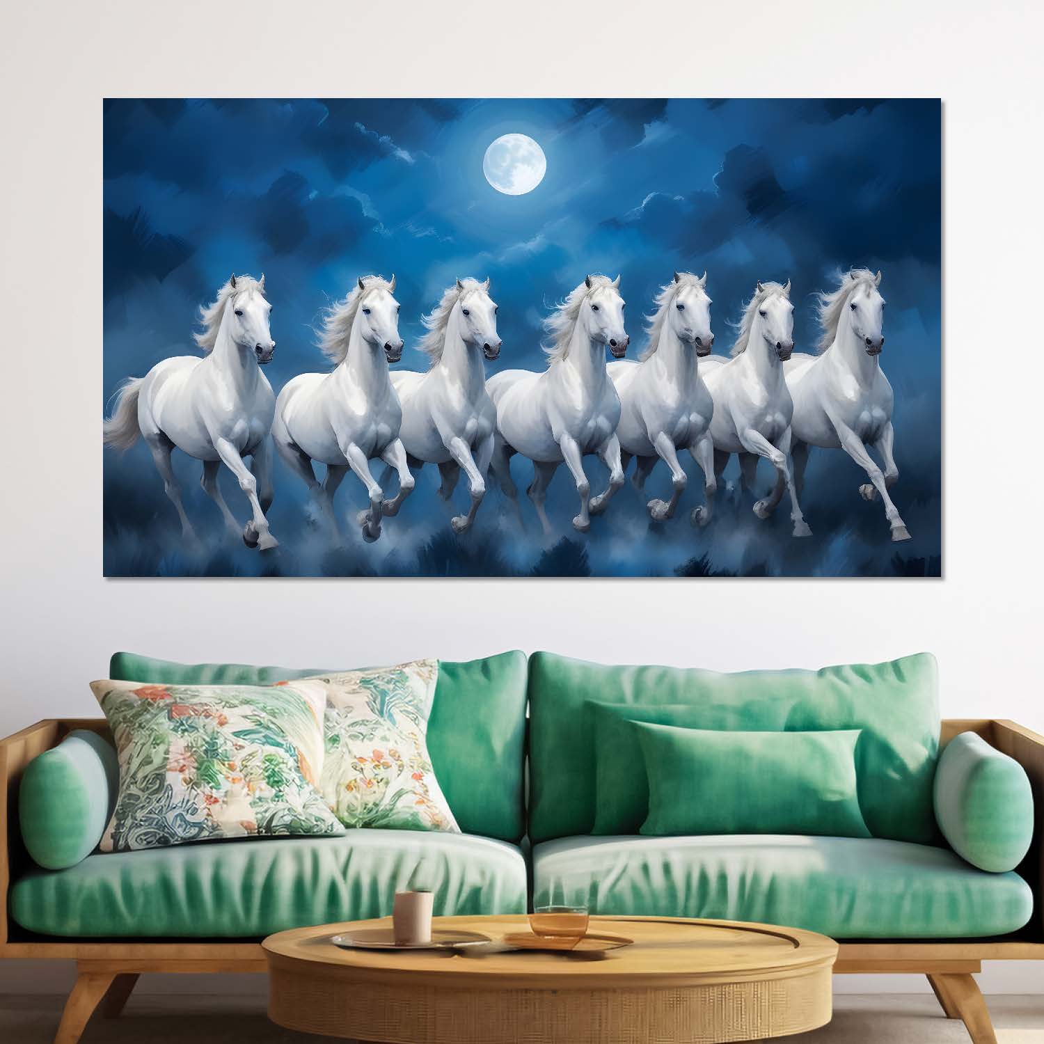 White horses running with moon in cloudy and blue textured background art Canvas Painting - Design - Horse-22