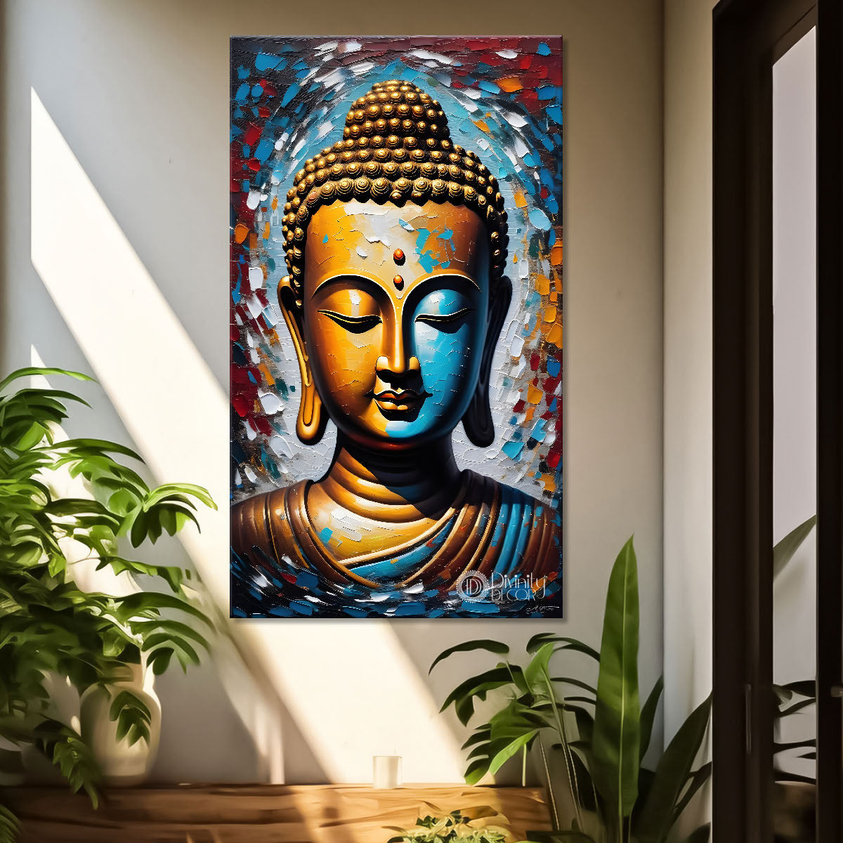 Golden buddha with colourful background textured painting - Buddha-V-22