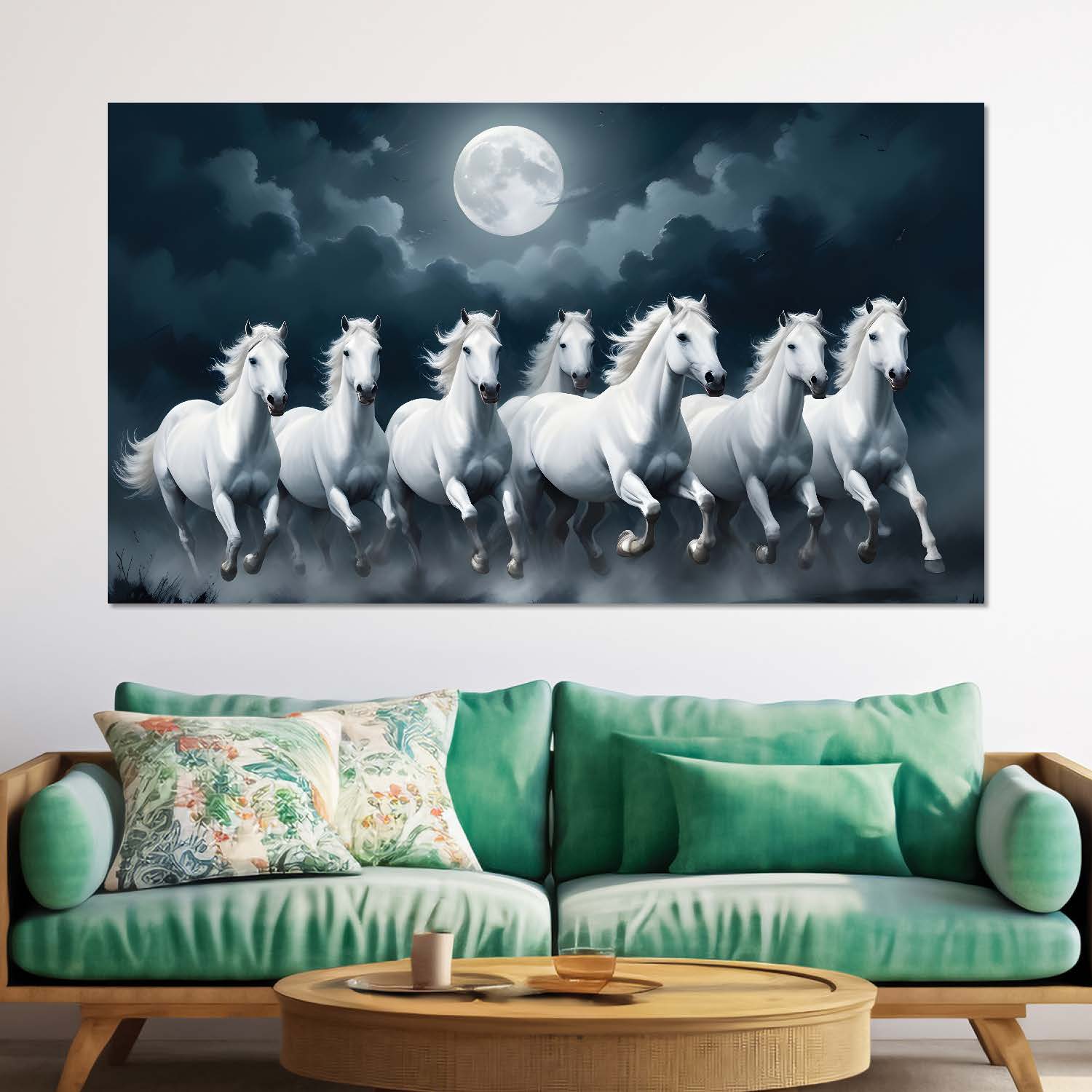 White horses running with moon in cloudy and black textured background art Canvas Painting - Design - Horse-23