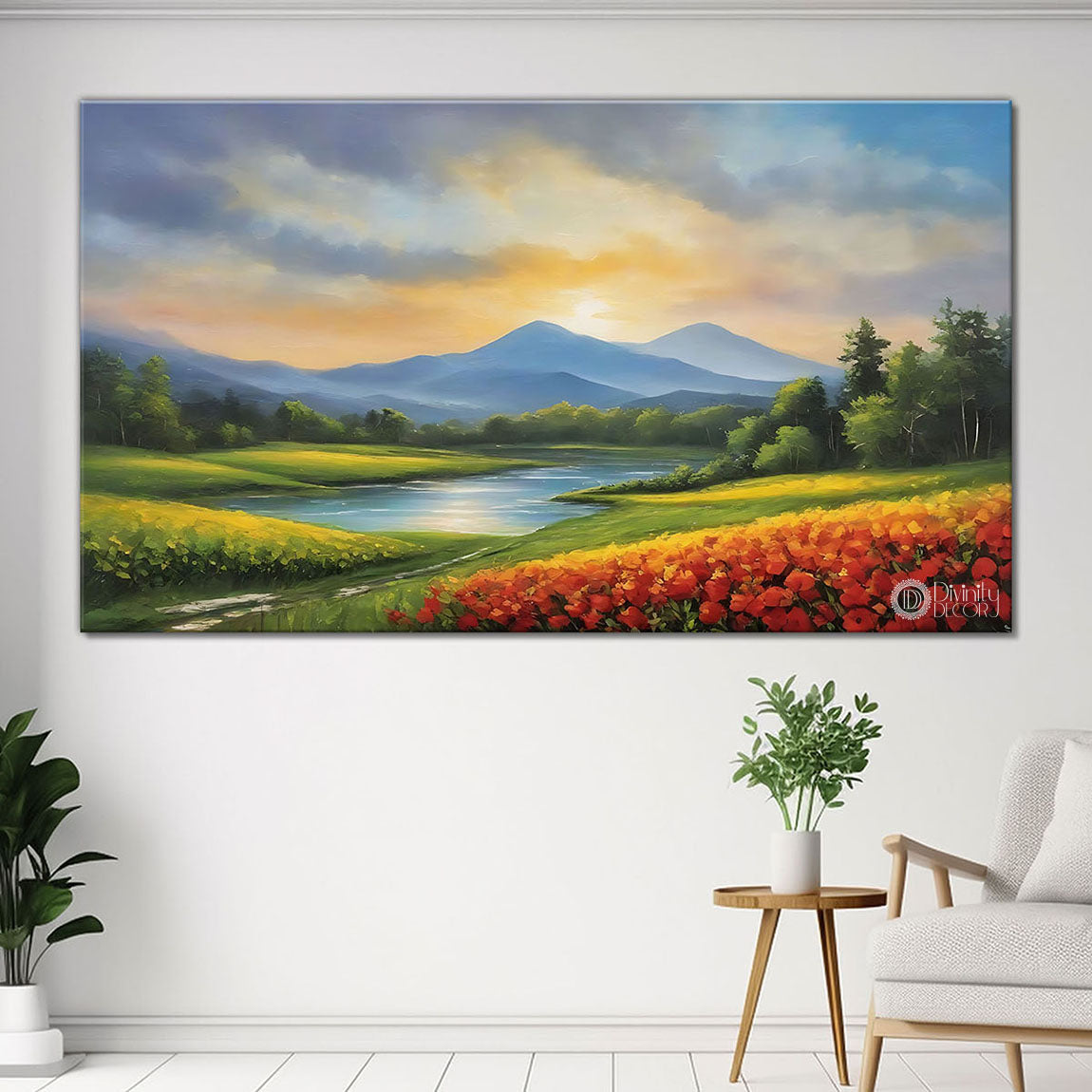 Mountains with greenery and orange flowers with beautiful sky textured water color painting Canvas Painting - Nature Art -23