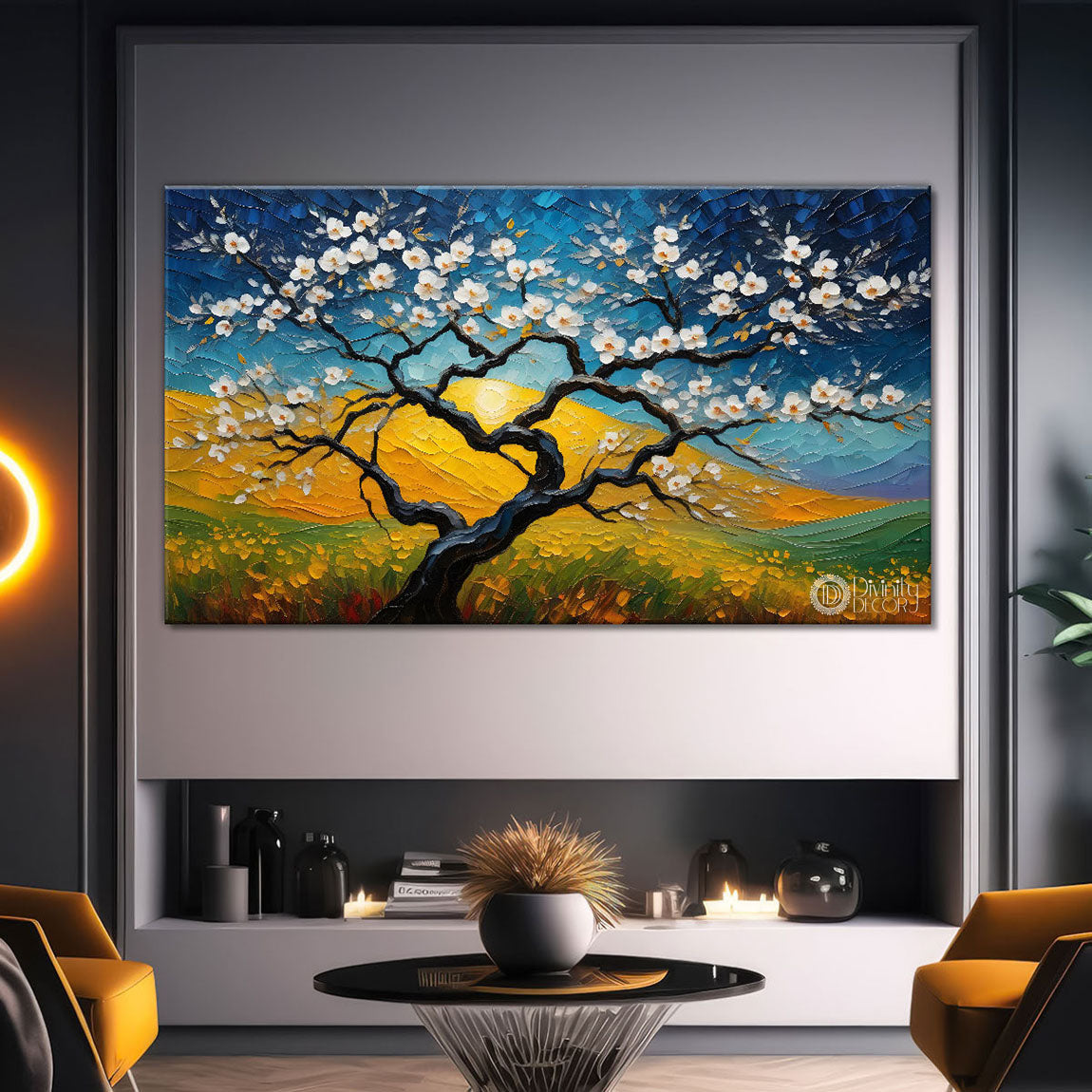 White flower tree in textured background oil painting Canvas Painting - Design - Tree-23