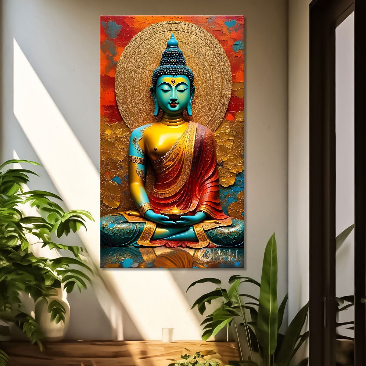 Blue buddha with red background textured painting - Buddha-V-23