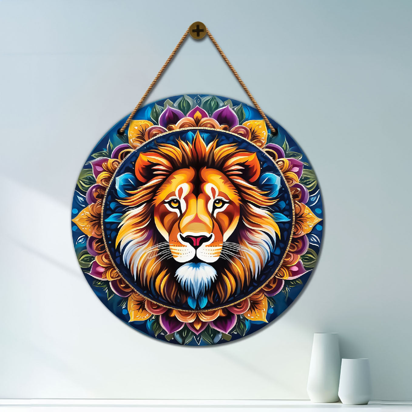 Lion in purple and blue mandala Round Wooden Wall Hanging for wall Décor - Design - 23