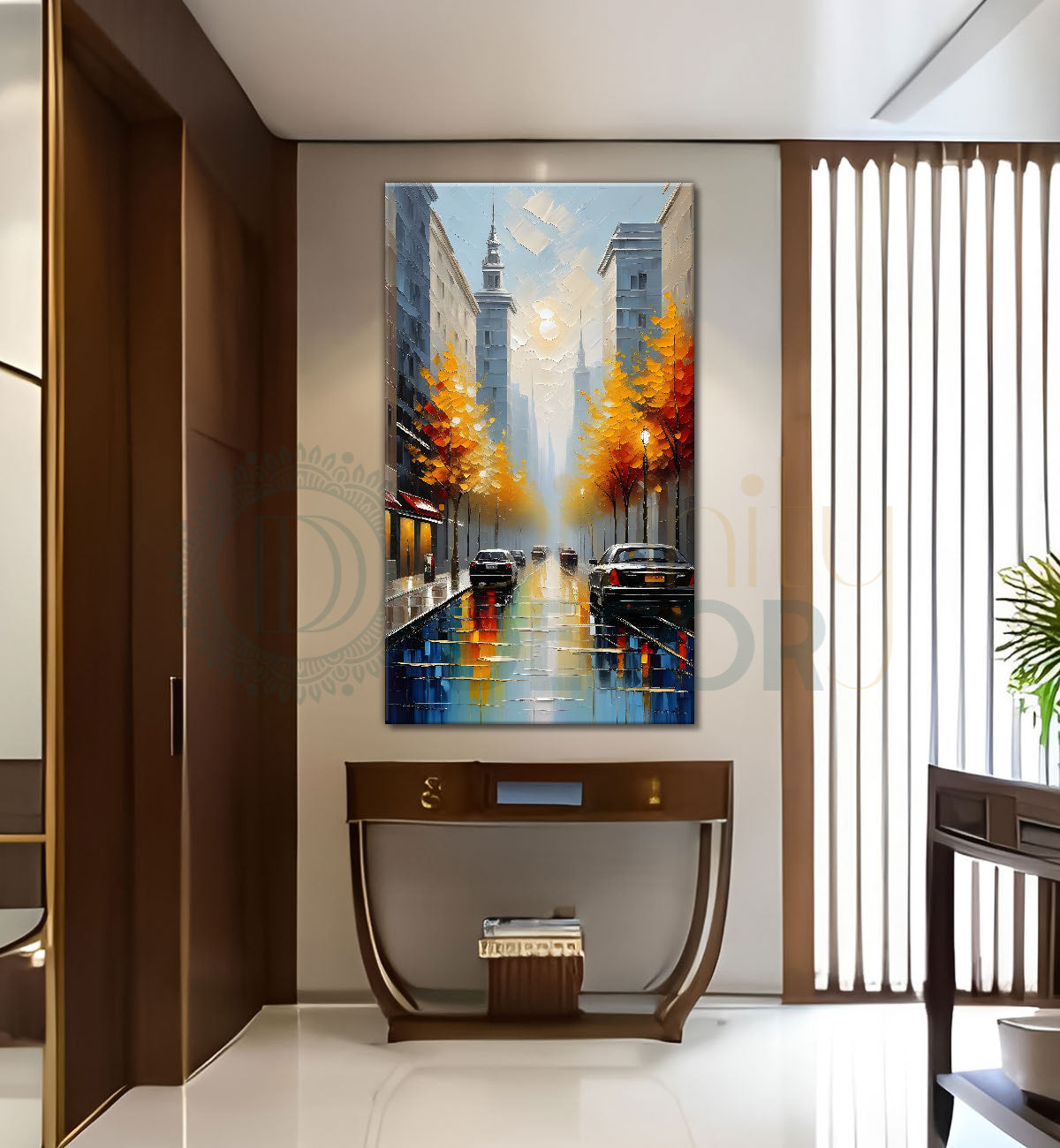 Orange trees on a road with car in a city background textured natural art Canvas Painting - Nature Art -V-23