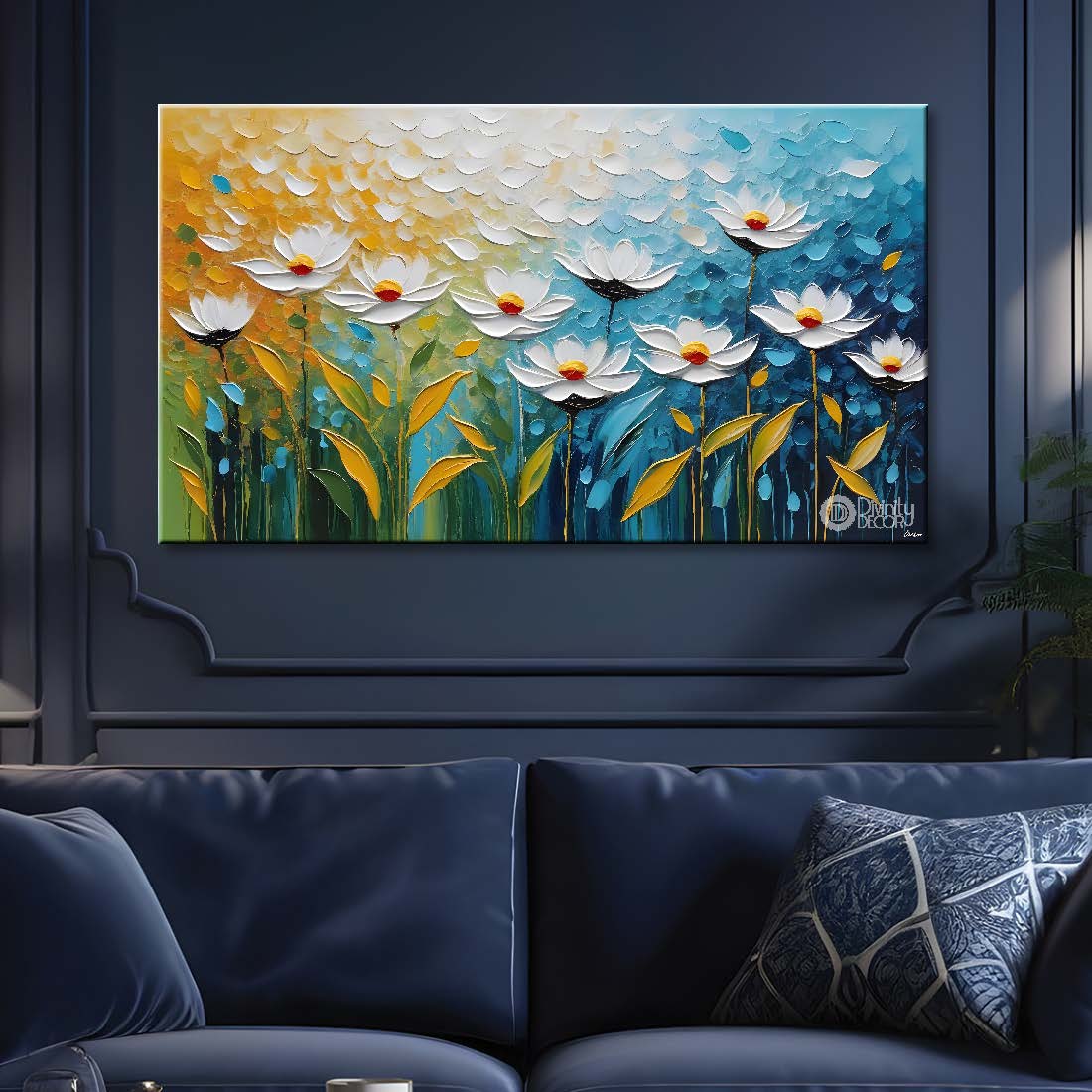 white flowers with blue textured painting- Design - Flower-23