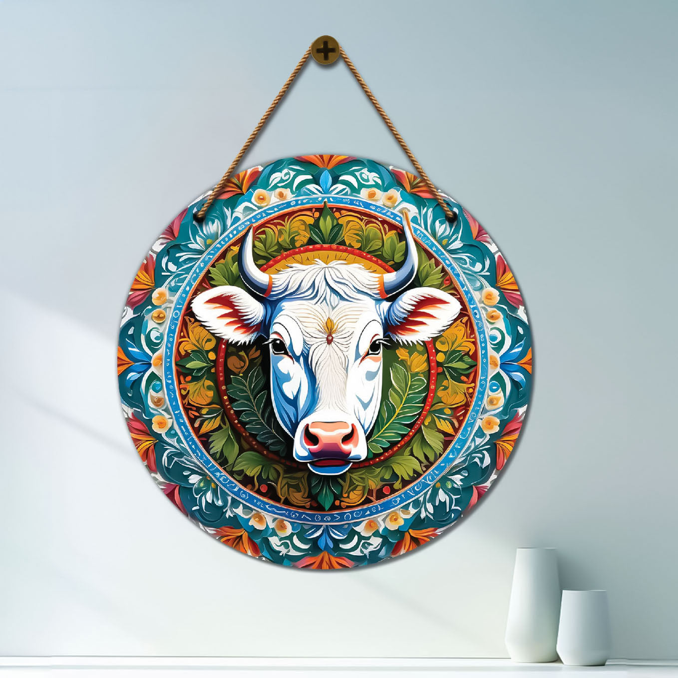 Cow in blue and orange mandala Round Wooden Wall Hanging for wall Décor - Design - 24