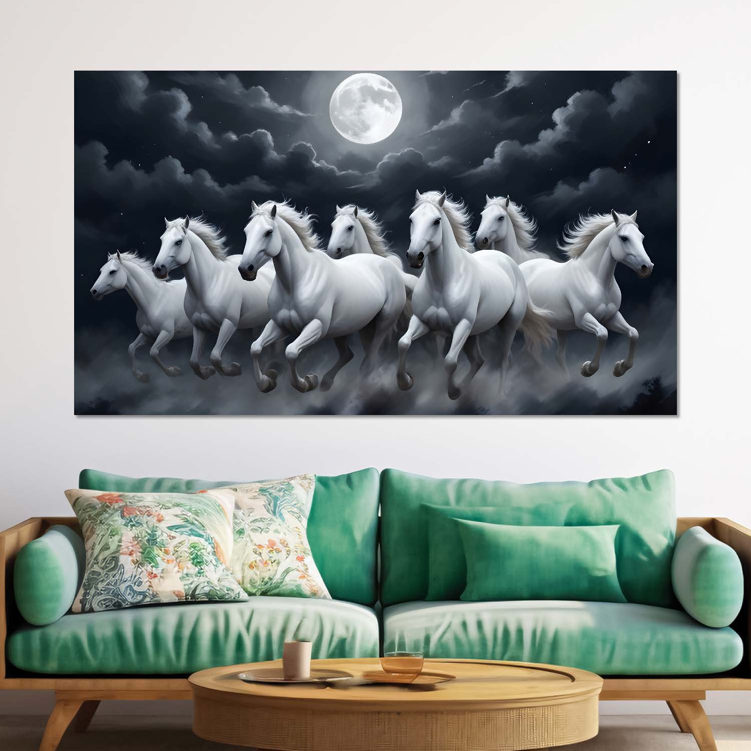 White horses running with moon in cloudy and black textured background art Canvas Painting - Design - Horse-24