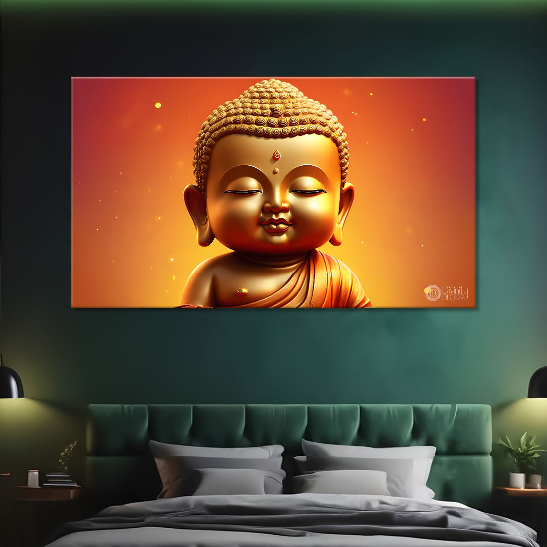 Golden baby buddha with orange background painting Canvas Wall Painting - Buddha-24