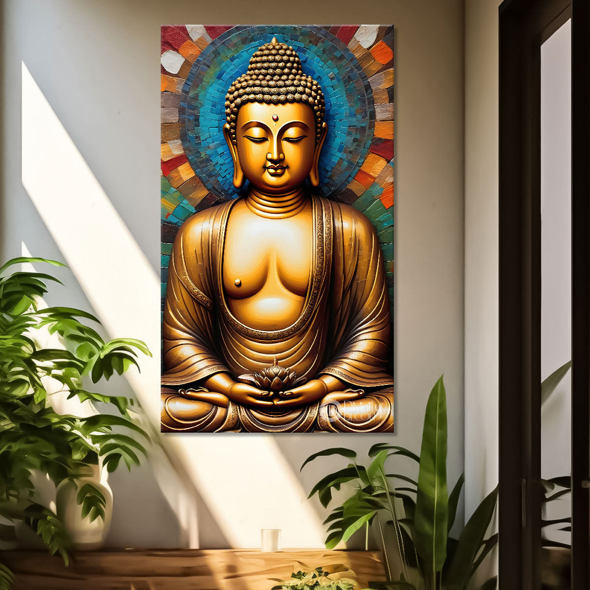 Golden buddha with colourful background textured painting - Buddha-V-24