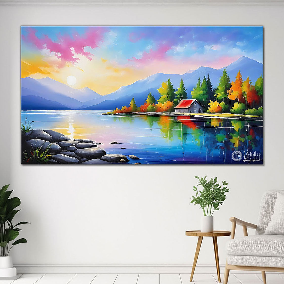 Mountains with house on greenery and river in textured natural art Canvas Painting - Nature Art -24